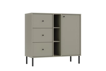 Jednodverová komoda Lotina 100 cm so zásuvkami a poličkami - eukalyptus / čierne nohy