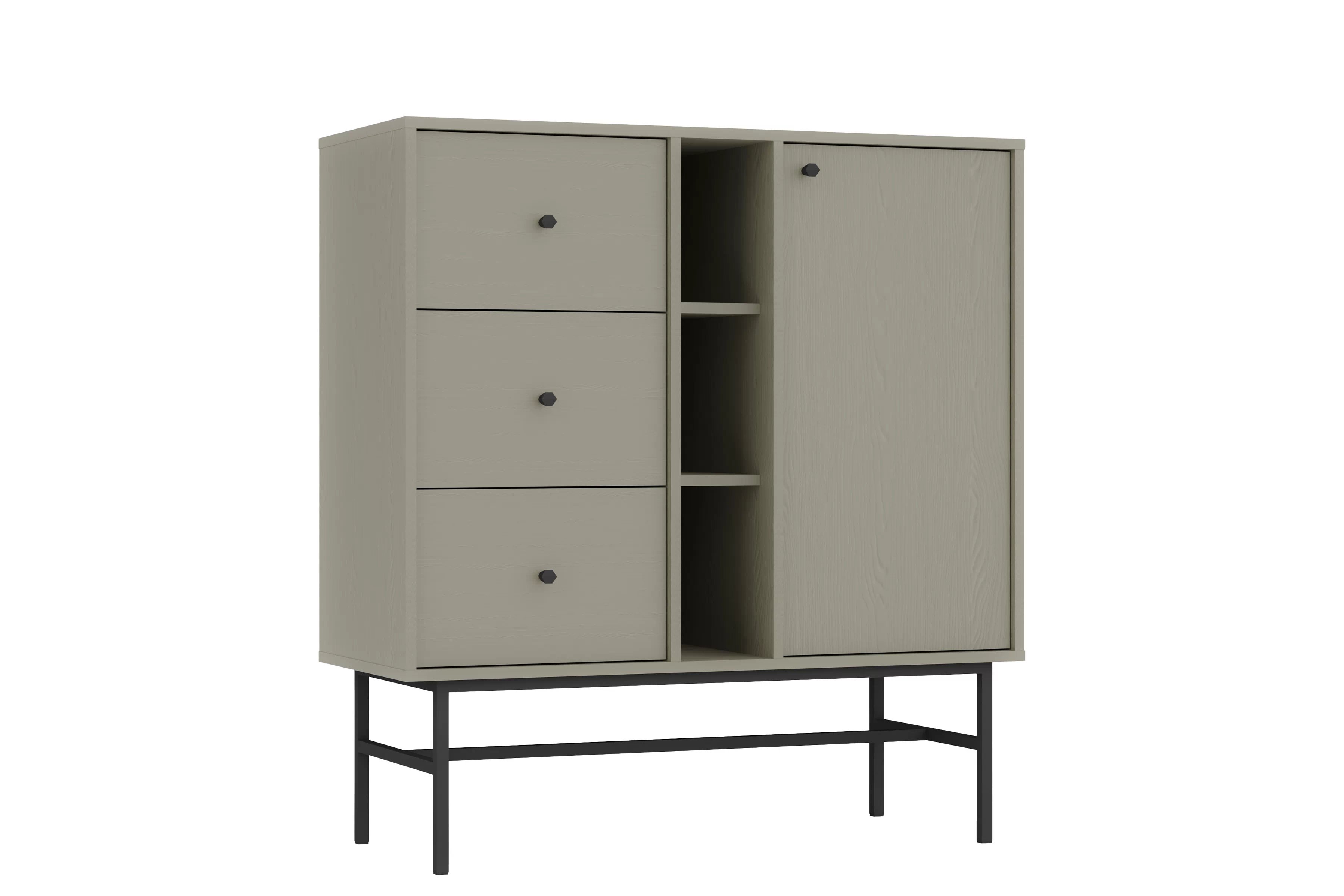 Jednodverová komoda Lotina 100 cm so zásuvkami a poličkami - eukalyptus / čierny rám Komoda Lotina 100 cm jednodverová so zásuvkami i wnekami - eukaliptus / Čierny Rošt