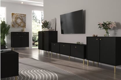 Čierna grafitová komoda Lotina 125 cm s tromi dverami - zlaté nohy Komoda Lotina 125 cm trojdverová - Čierny grafit / zlote nožičky