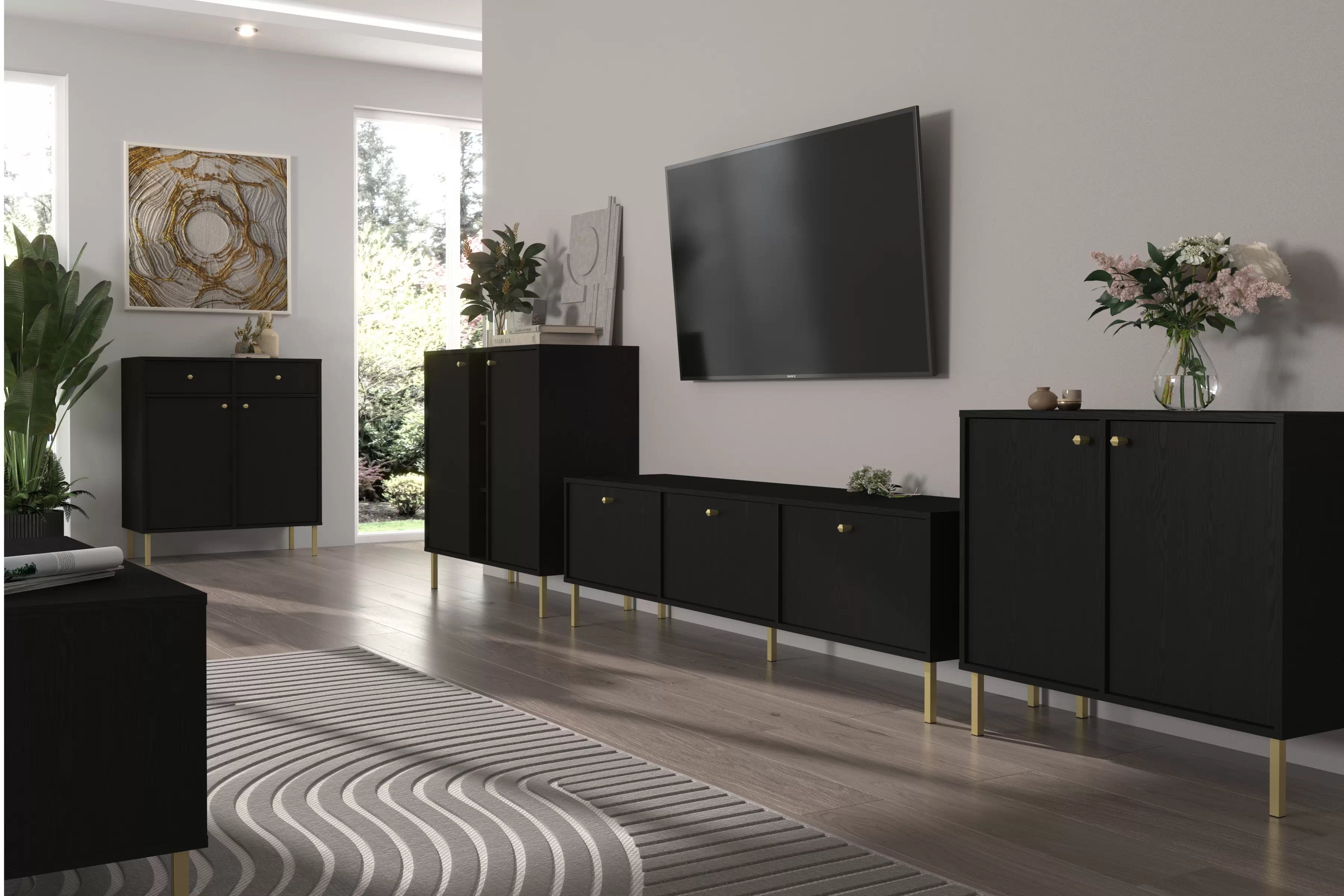 Čierna grafitová komoda Lotina 125 cm s tromi dverami - zlaté nohy Komoda Lotina 125 cm trojdverová - Čierny grafit / zlote nožičky