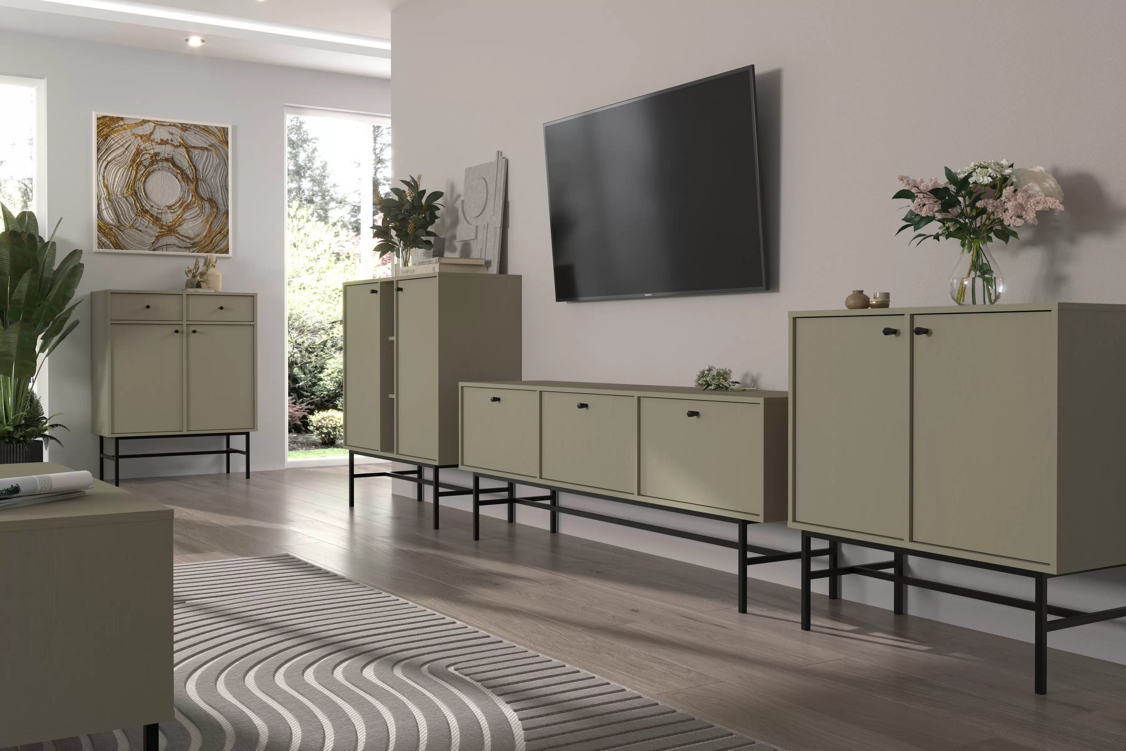 Tridverová komoda Lotina 125 cm - eukalyptus / čierny rám Komoda Lotina 125 cm trojdverová - eukaliptus / Čierny Rošt