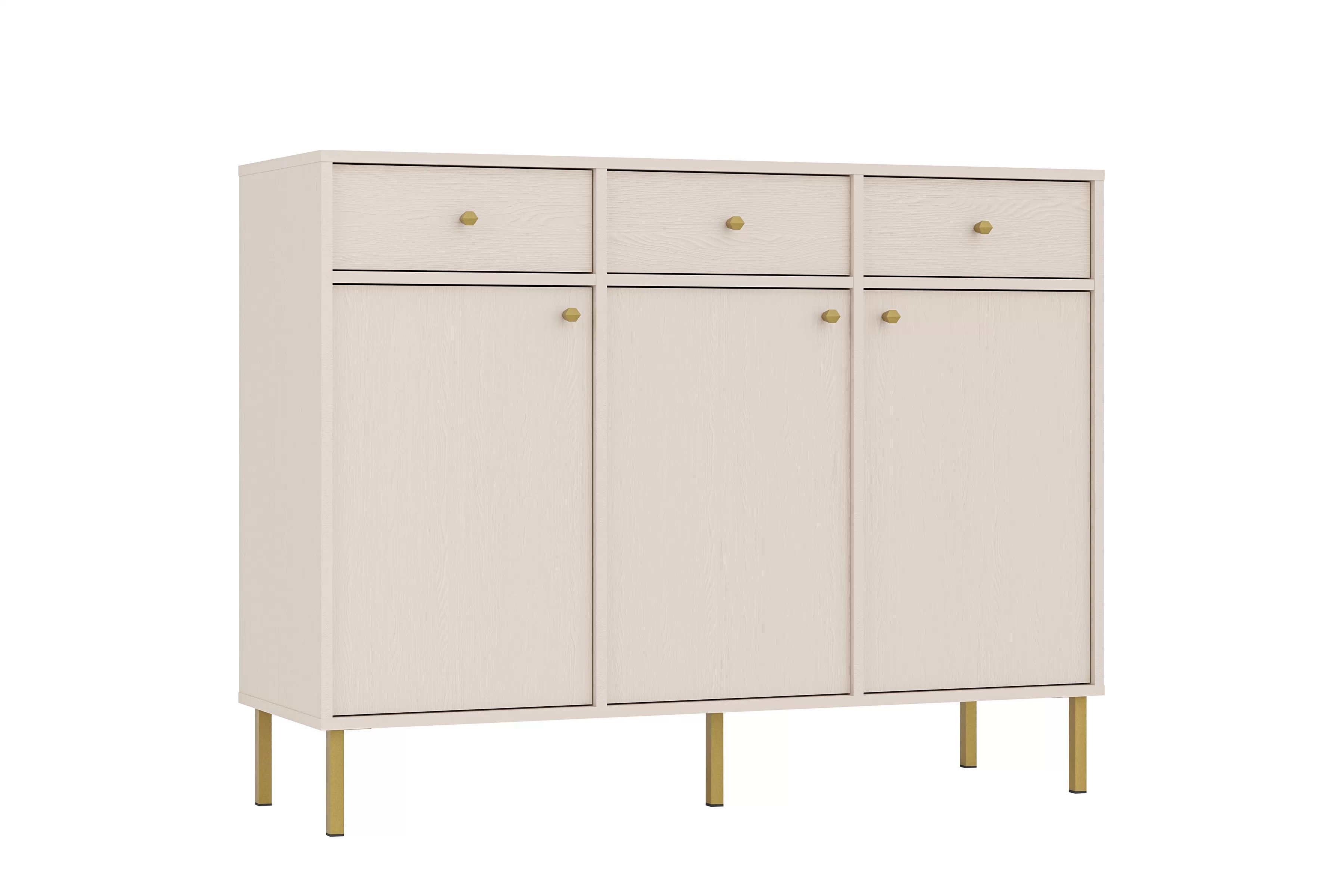 Bežová trojdverová komoda Lotina 125 cm so zásuvkami - piesková / zlaté nohy Komoda Lotina 125 cm trojdverová so zásuvkami - Béžová Pieskový / zlote nožičky