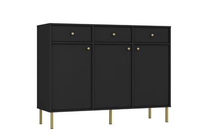 Čierna komoda Lotina 125 cm s tromi dverami a zásuvkami - grafitová / zlaté nohy Komoda Lotina 125 cm trojdverová so zásuvkami - Čierny grafit / zlote nožičky