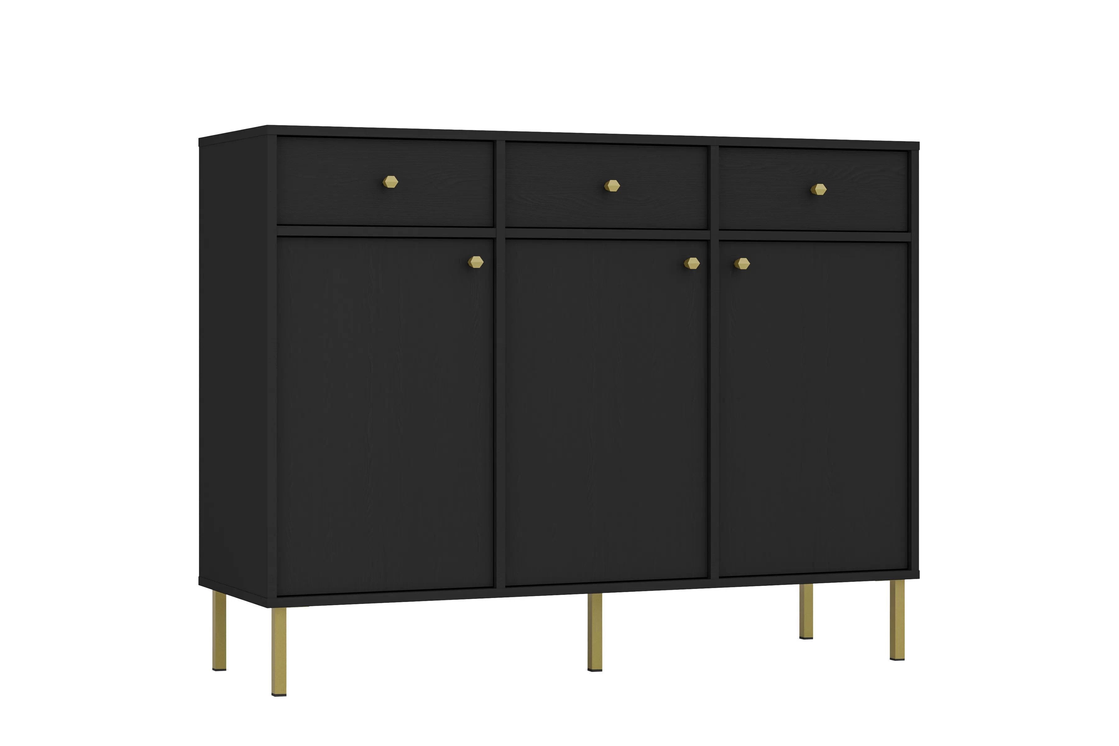 Čierna komoda Lotina 125 cm s tromi dverami a zásuvkami - grafitová / zlaté nohy Komoda Lotina 125 cm trojdverová so zásuvkami - Čierny grafit / zlote nožičky