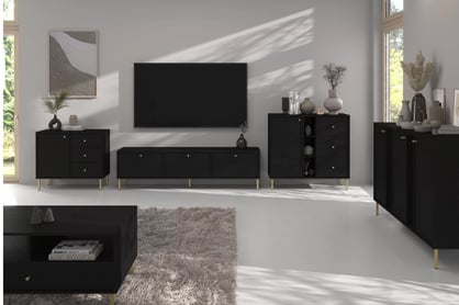 Čierna komoda Lotina 125 cm s tromi dverami a zásuvkami - grafitová / zlaté nohy Komoda Lotina 125 cm trojdverová so zásuvkami - Čierny grafit / zlote nožičky