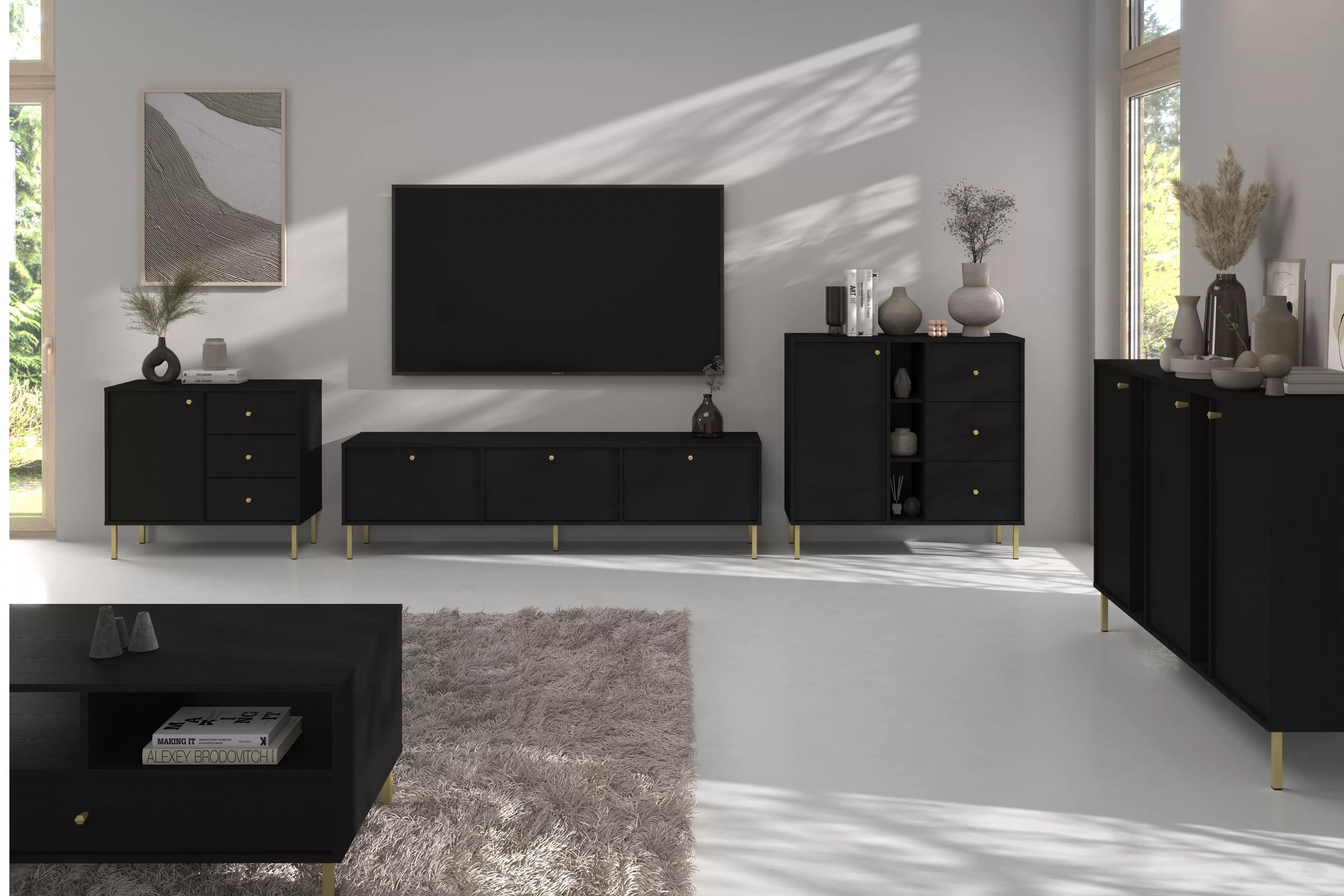 Čierna komoda Lotina 125 cm s tromi dverami a zásuvkami - grafitová / zlaté nohy Komoda Lotina 125 cm trojdverová so zásuvkami - Čierny grafit / zlote nožičky