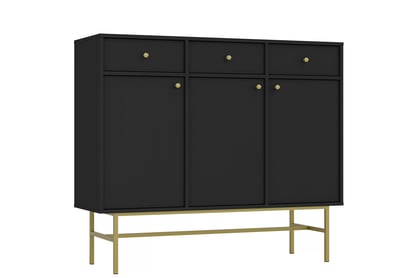Čierna grafitová komoda Lotina 125 cm s tromi dverami a zásuvkami - zlatý rám Komoda Lotina 125 cm trojdverová so zásuvkami - Čierny grafit / zlaté Rošt