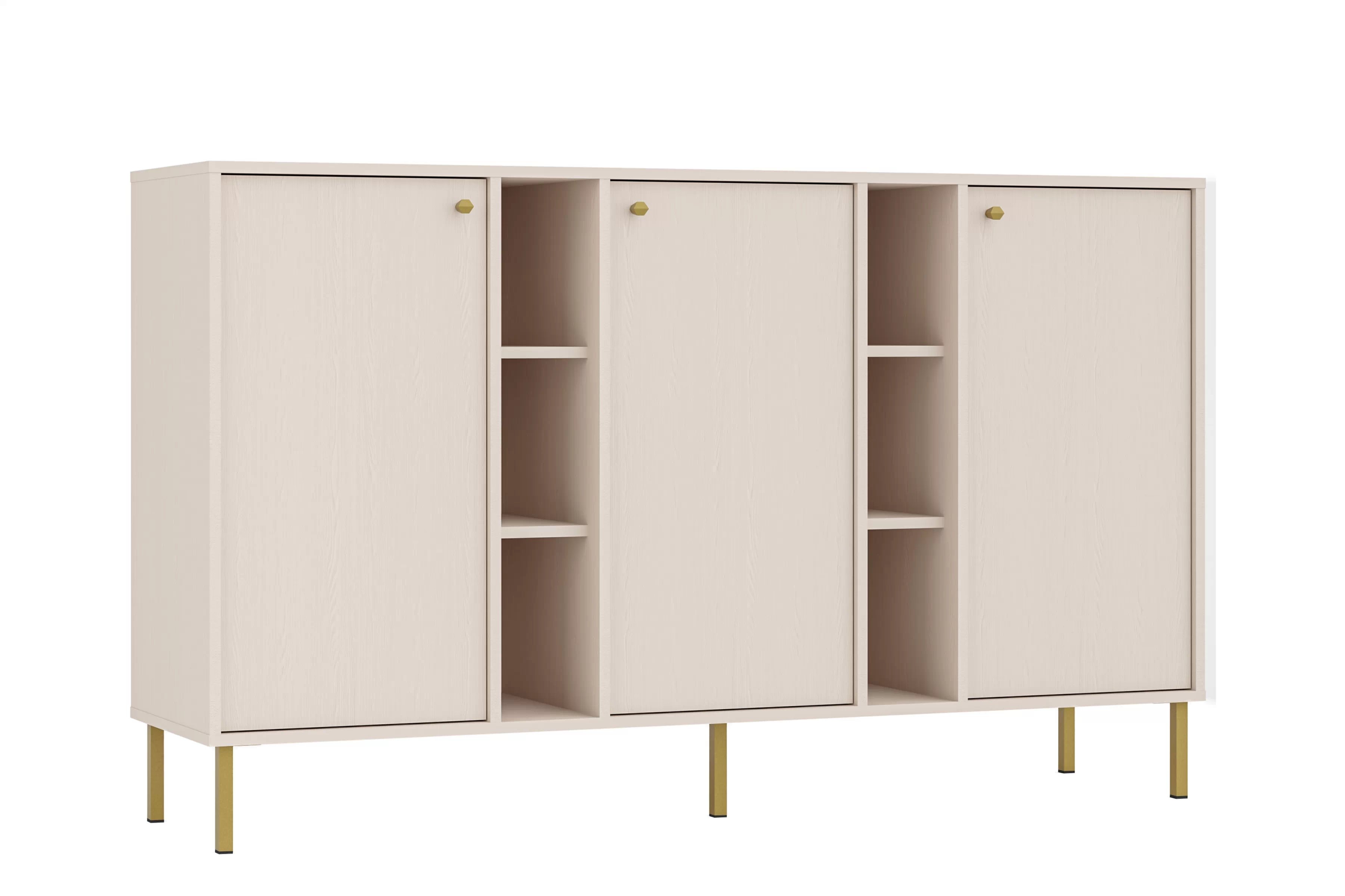 Bežová trojdverová komoda Lotina 158 cm s policami - piesková / zlaté nohy Komoda Lotina 158 cm trojdverová z wnekami - Béžová Pieskový / zlote nožičky