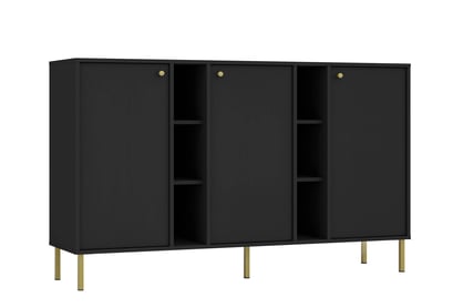 Čierna komoda Lotina 158 cm s tromi dverami a policami - čierny grafit / zlaté nohy
