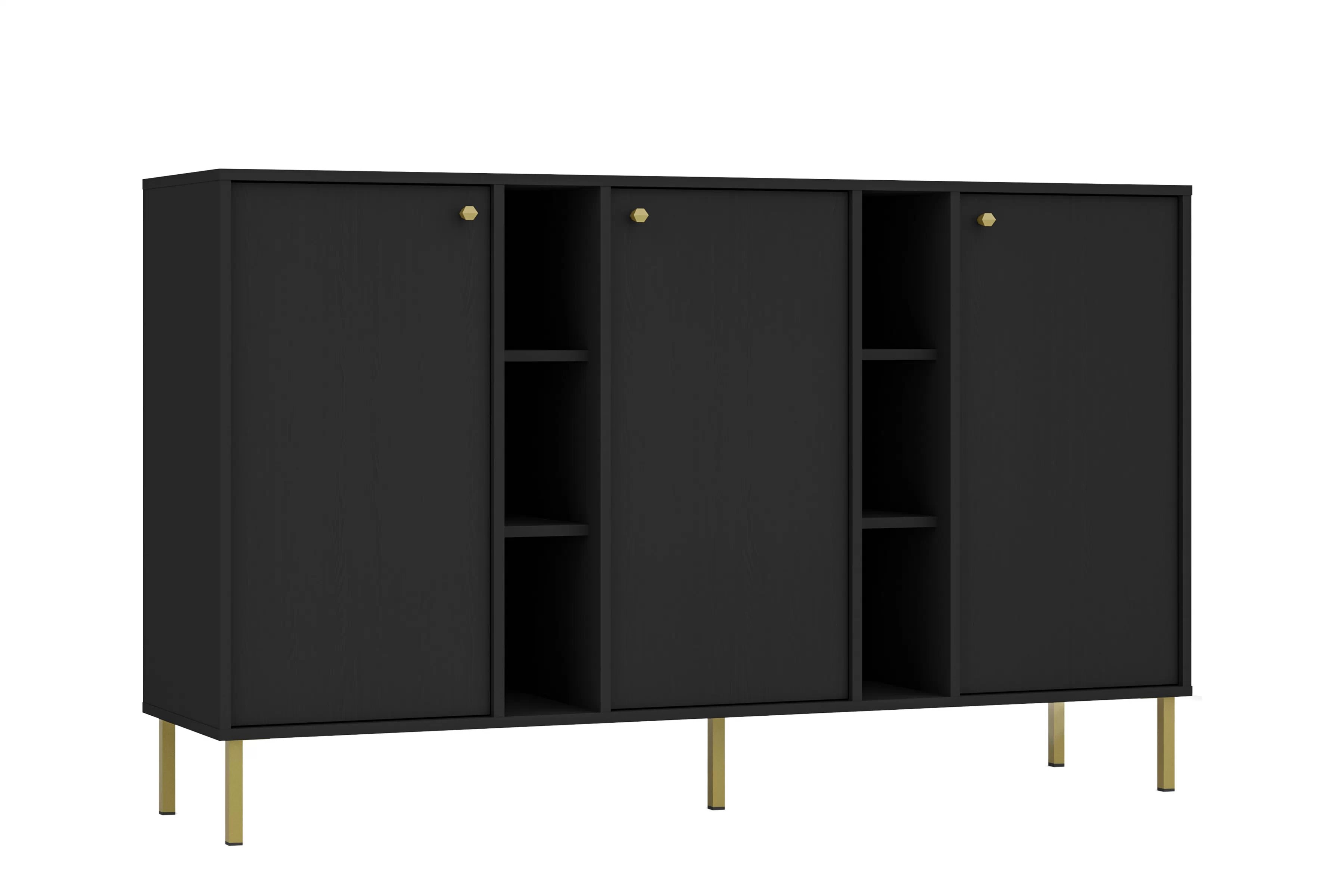 Čierna komoda Lotina 158 cm s tromi dverami a policami - čierny grafit / zlaté nohy Komoda Lotina 158 cm trojdverová z wnekami - Čierny grafit / zlote nožičky