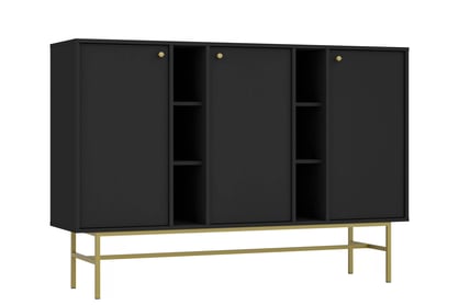 Čierna grafitová komoda Lotina 158 cm s trojmiestnymi dverami a výklenkami - zlatý rám Komoda Lotina 158 cm trojdverová z wnekami - Čierny grafit / zlaté Rošt