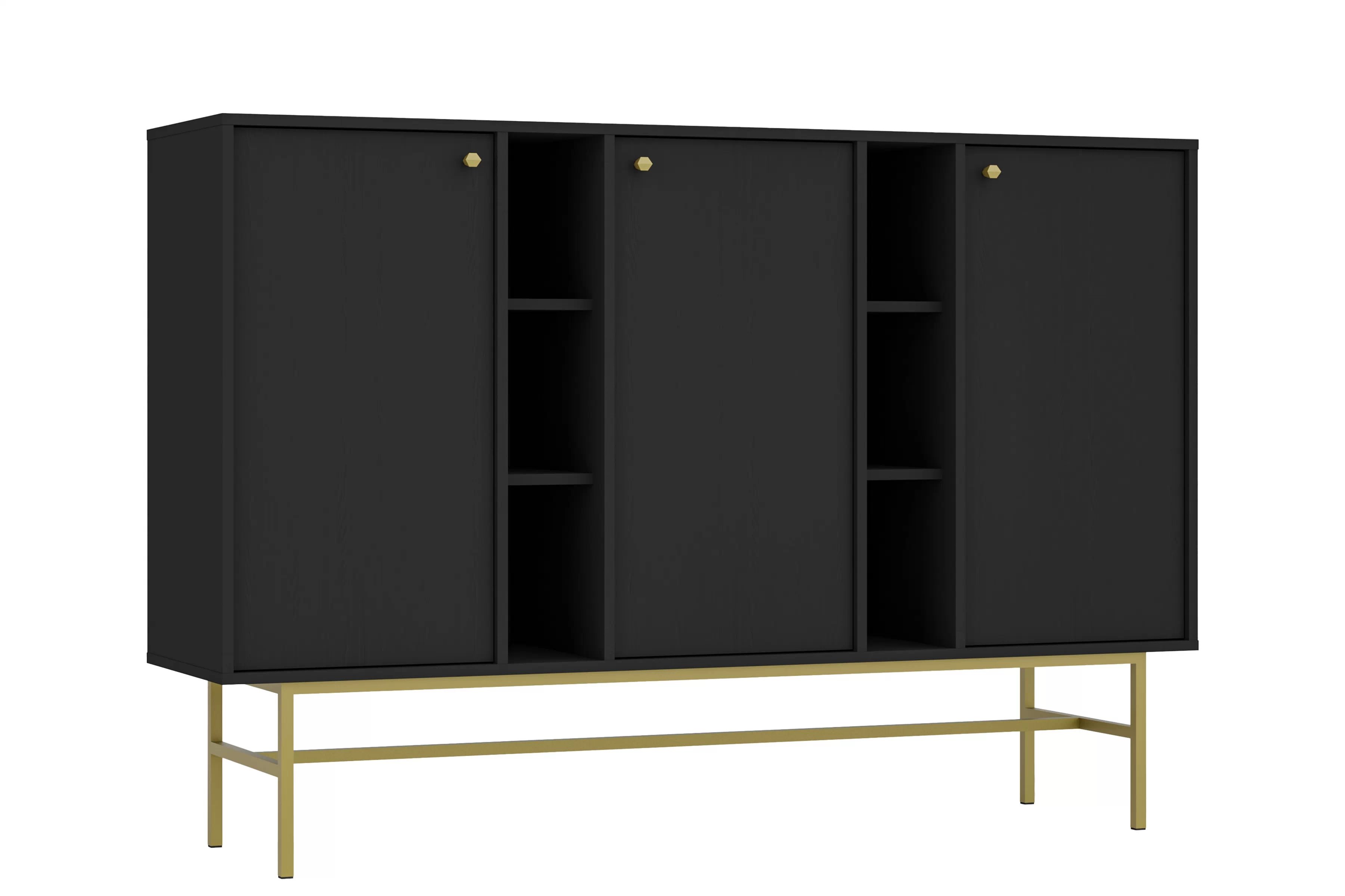 Čierna grafitová komoda Lotina 158 cm s trojmiestnymi dverami a výklenkami - zlatý rám Komoda Lotina 158 cm trojdverová z wnekami - Čierny grafit / zlaté Rošt