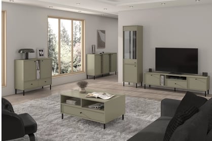 Dvojdverová komoda Lotina 84 cm so zásuvkami - eukalyptus / čierne nohy Komoda Lotina 84 cm dvojdverová so zásuvkami - eukaliptus / čierny nožičky