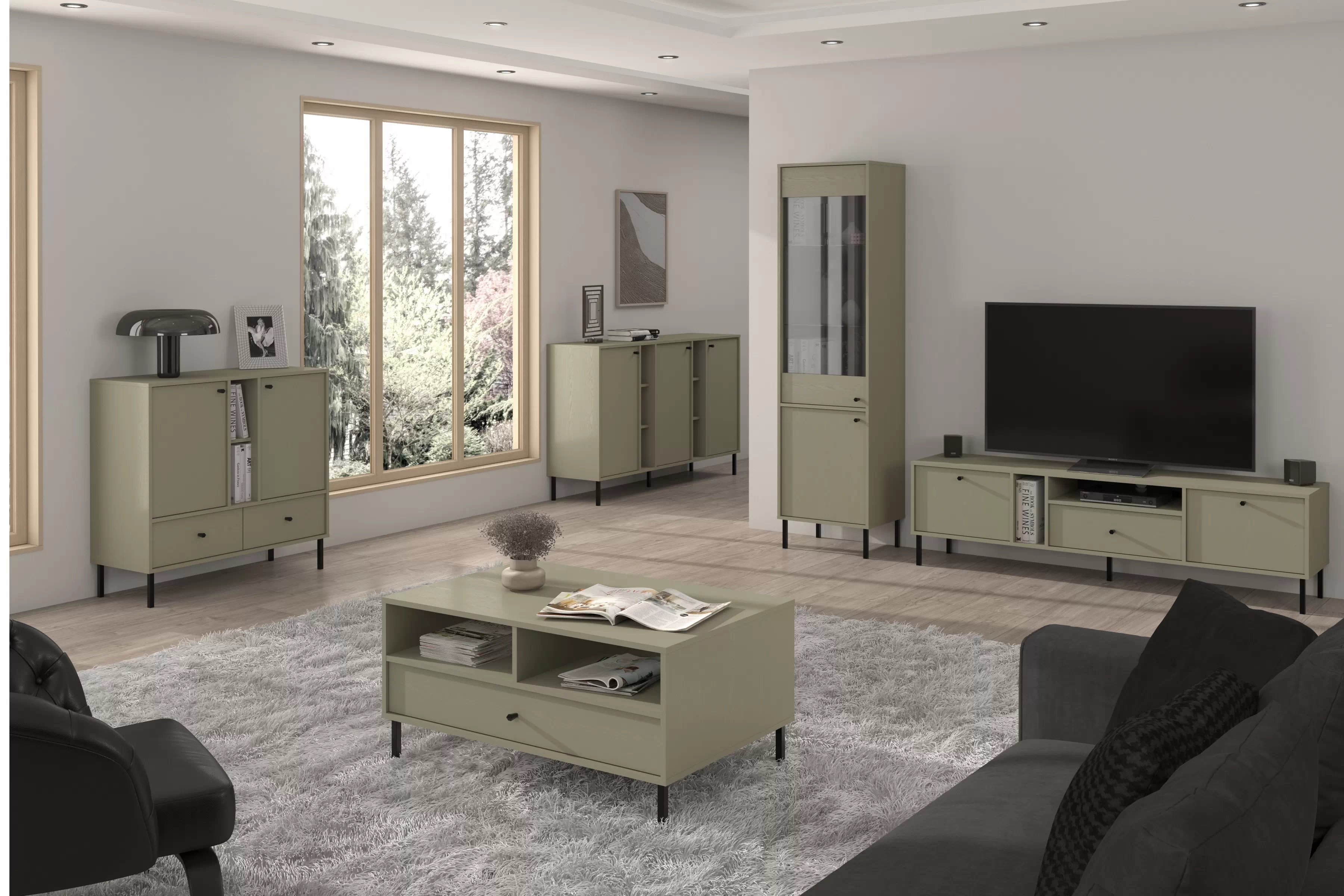 Dvojdverová komoda Lotina 84 cm so zásuvkami - eukalyptus / čierne nohy Komoda Lotina 84 cm dvojdverová so zásuvkami - eukaliptus / čierny nožičky