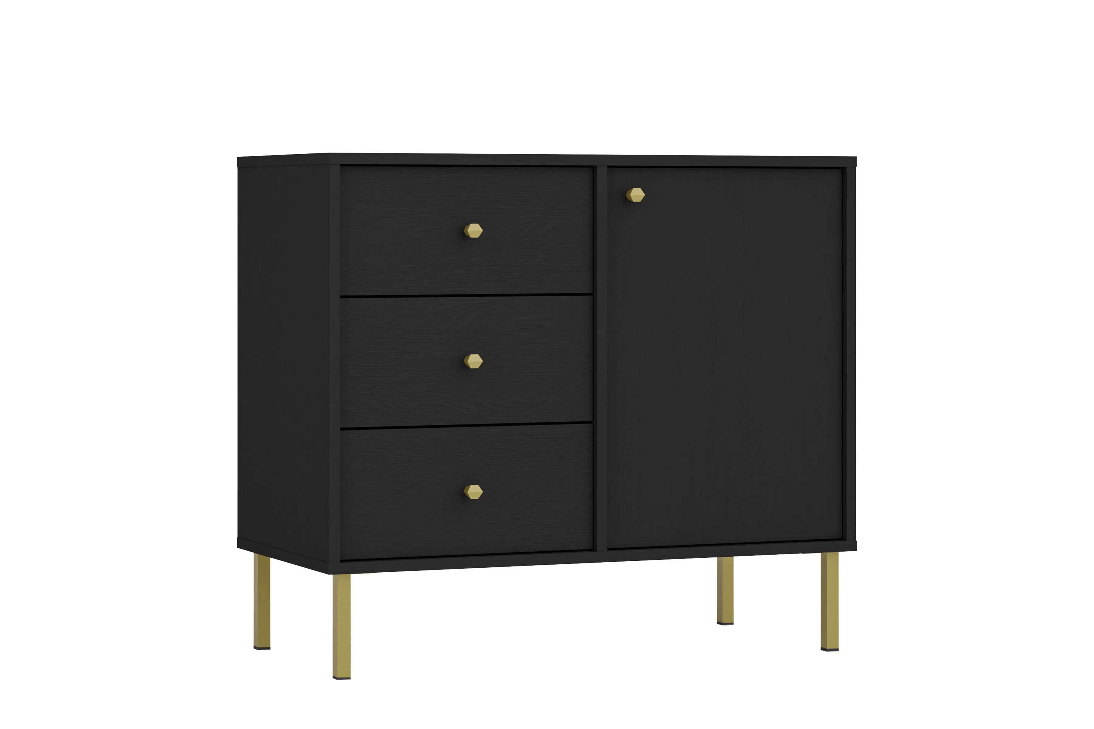 Čierna grafitová komoda Lotina 84 cm s jednými dverami a zásuvkami - zlaté nohy Komoda Lotina 84 cm jednodverová so zásuvkami - Čierny grafit / zlote nožičky