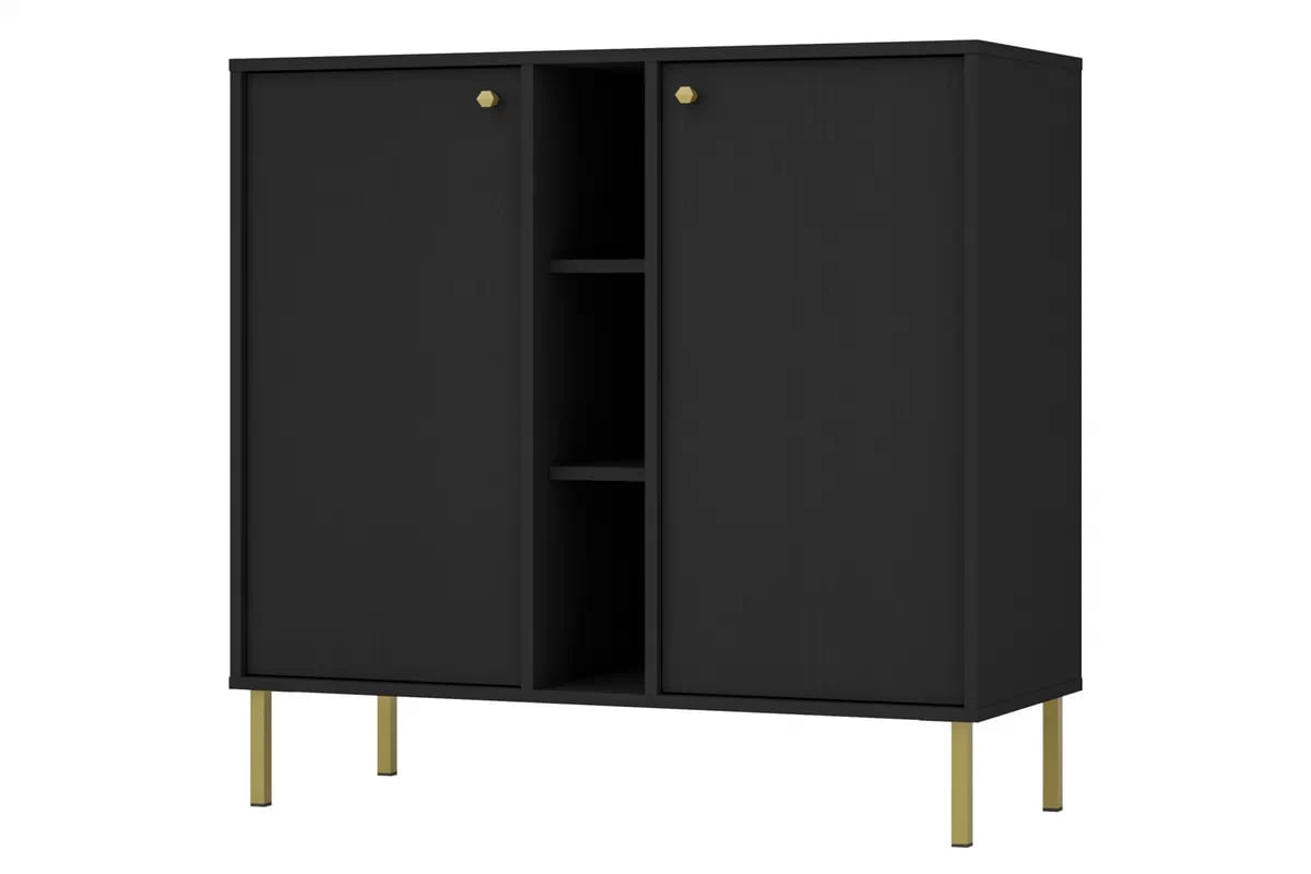 Komoda Lotina II 2F - 100 cm - čierny grafit / zlaté nožičky Komoda Lotina II 2F - 100 cm - Čierny grafit / zlaté nožičky