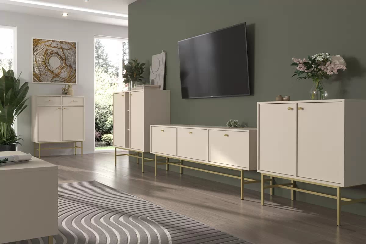 Komoda Lotina III 2F2S so zásuvkami 84 cm - Béžová Pieskový / zlaté nožičky Komoda Lotina III 2F2S so zásuvkami 84 cm - Béžová Pieskový / zlote nožičky