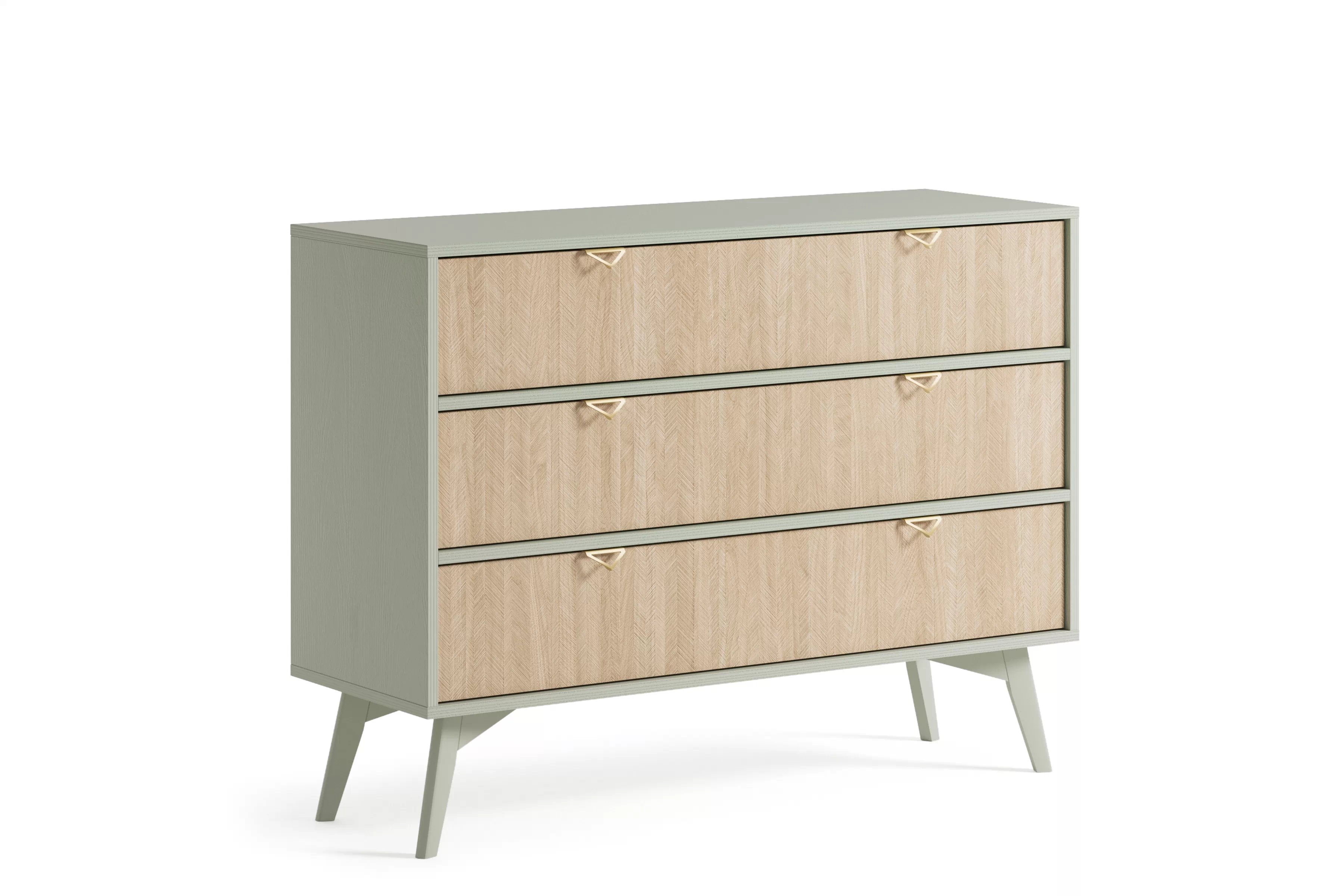 Komoda Lumira 106 cm s tromi zásuvkami - eukalyptus / skandinávska rybia kost Komoda Lumira 106 cm s tromi zásuvkami - eukaliptus / jodelka skandi