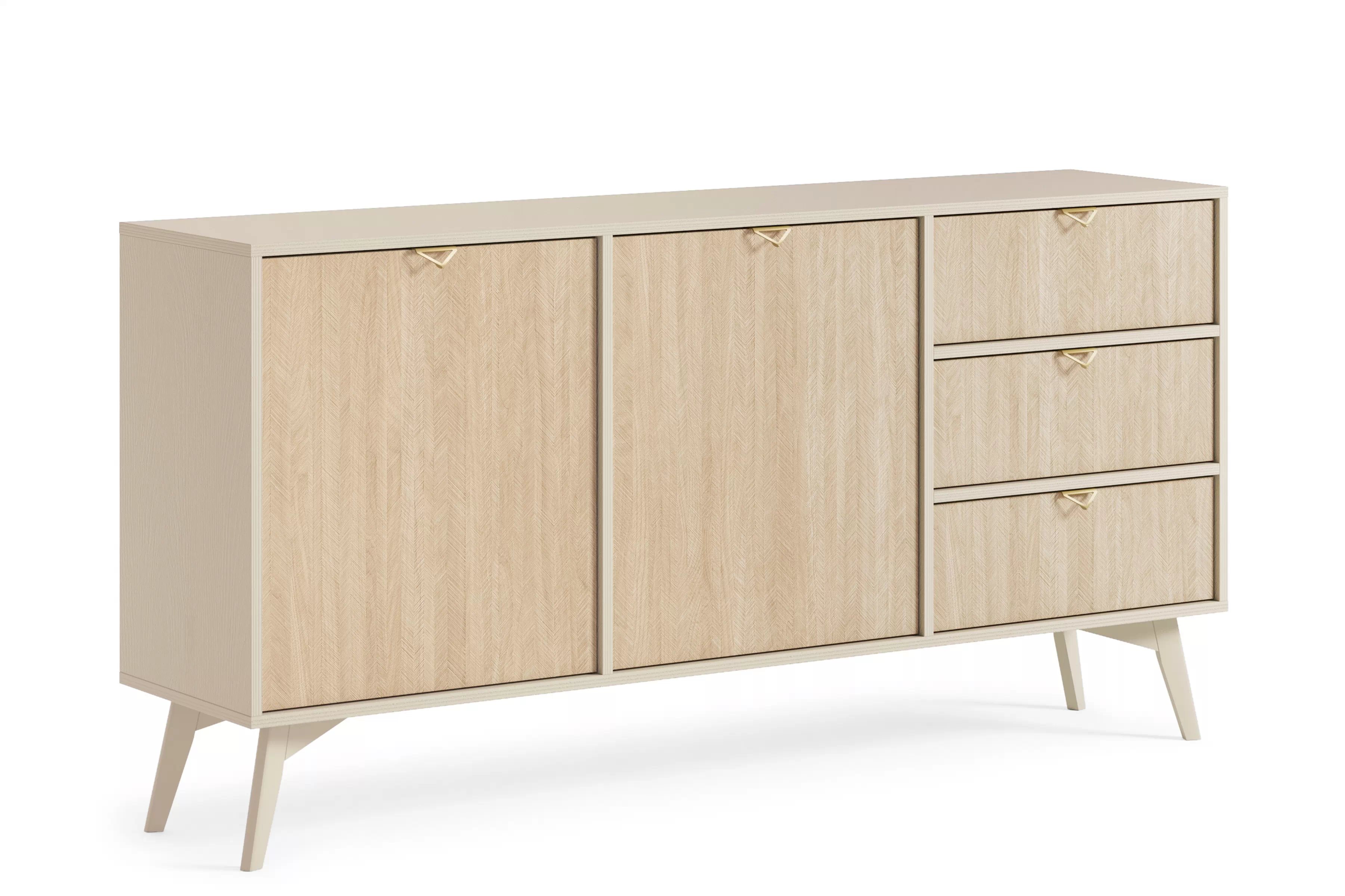 Piesková komoda Lumira 158 cm s dvoma dverami a zásuvkami - škandinávsky rybí vzor Komoda Lumira 158 cm dvojdverová so zásuvkami - Pieskový / jodelka skandi