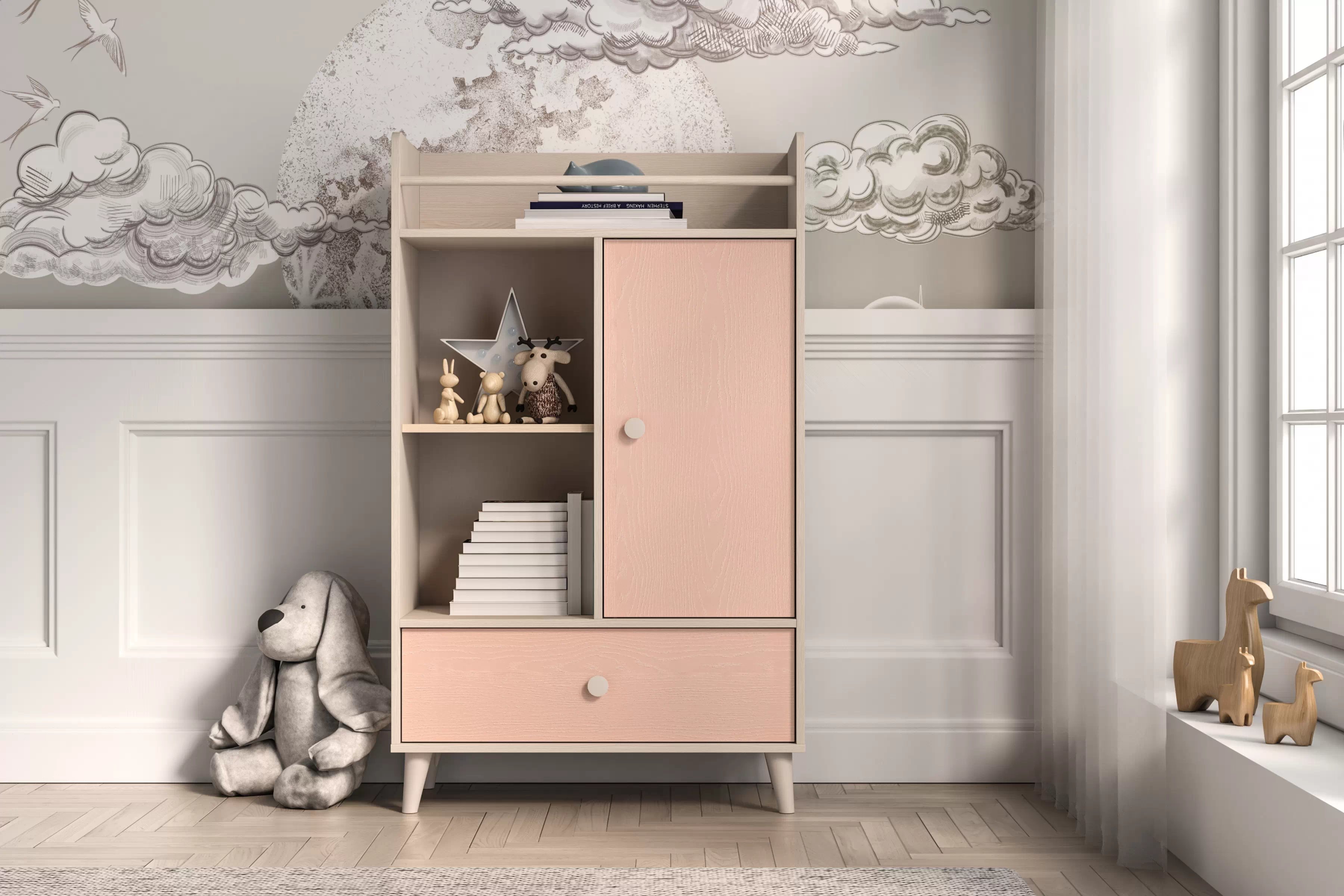 Dětská komoda Marla se zásuvkou 80 cm - pouštní písek / růžová Komoda Marla 80 cm z szuflada - piasek pustyni / millenial pink