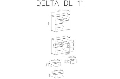 Studentská komoda Ciljo 110 cm se zásuvkami - dub / antracit Komoda mlodziezowa dvoudveřová se čtyřmi szuflami i asymetryczna wneka Delta DL11 - Dub / Antracytová