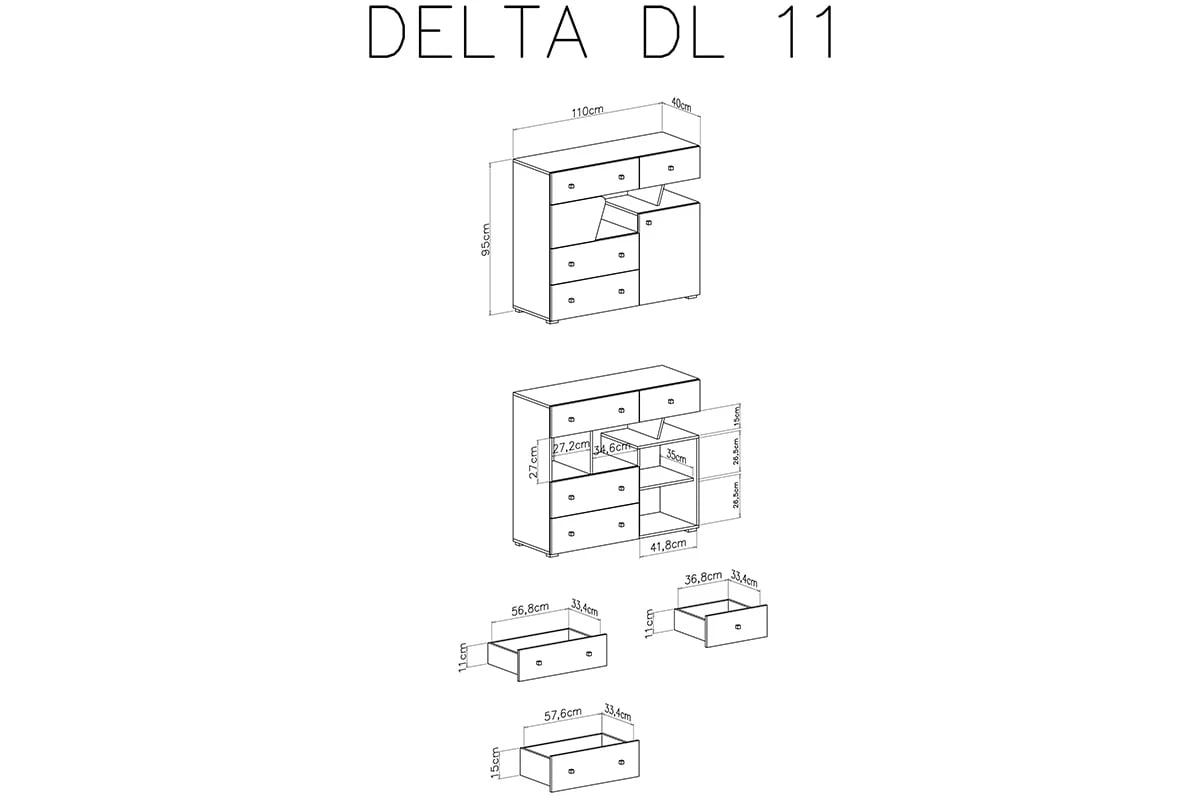 Komoda Ciljo 110 cm - dub / antracytová Komoda mlodziezowa dvojdverová z czterema szuflami i asymetryczna wneka Delta DL11 - Dub / Antracytová