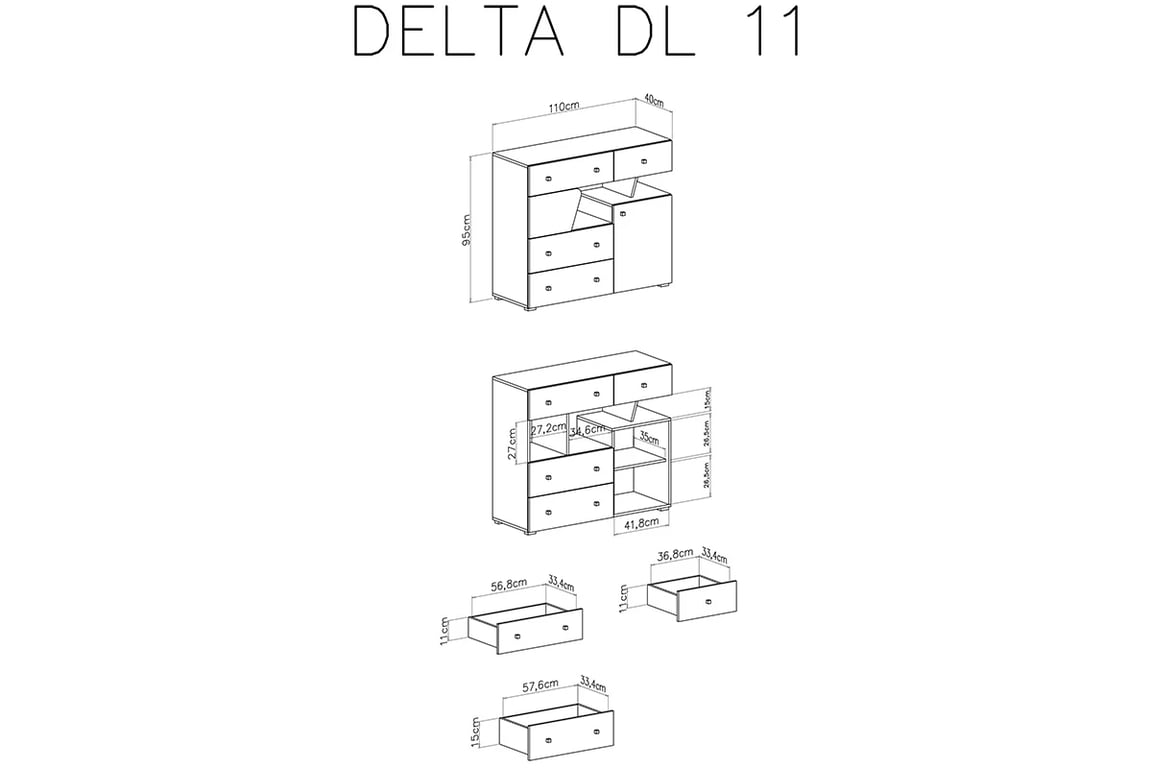 Comodă tineret Ciljo 110 cm cu sertare - stejar / antracit Comoda mlodziezowa dvoudveřová z czterema szuflami i asymetryczna wneka Delta DL11 - Dub / antracit