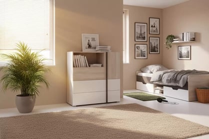 Studentská komoda Lumo 8 90 cm se zásuvkami - dub wilton bílý / bílý lux / antracit Komoda mlodziezowa Lumo 8 90 cm se zásuvkami - dub wilton bílá / bílá lux / antracitová