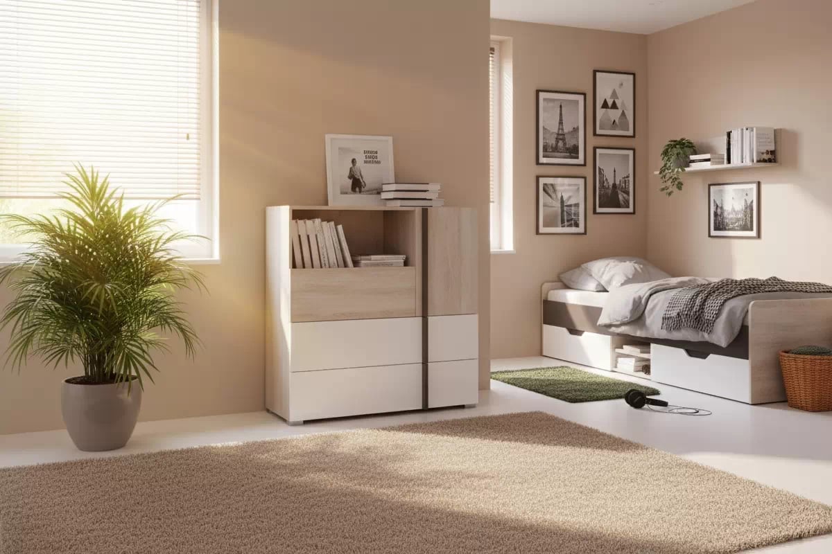 Studentská komoda Lumo 8 90 cm se zásuvkami - dub wilton bílý / bílý lux / antracit Komoda mlodziezowa Lumo 8 90 cm se zásuvkami - dub wilton bílá / bílá lux / antracitová