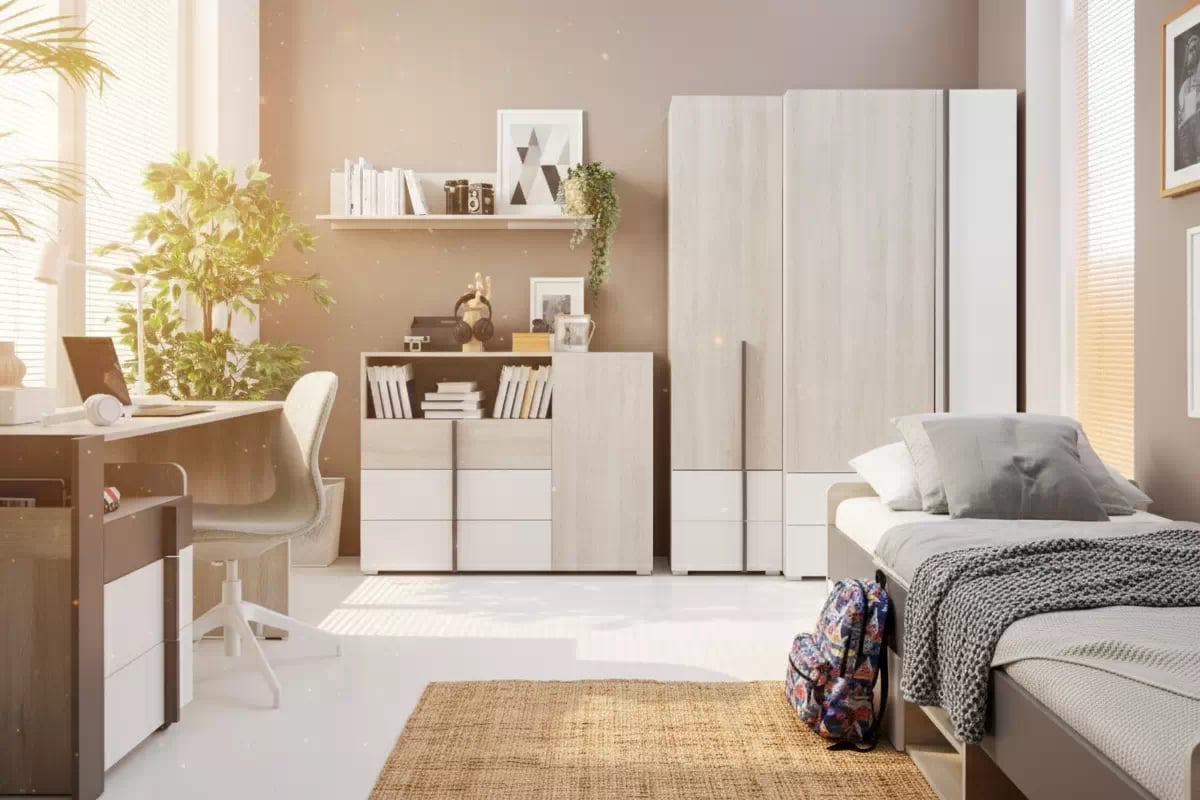 Studentská komoda Lumo 9 120 cm se zásuvkami - dub wilton bílý / bílý lux / antracit Komoda mlodziezowa Lumo 9 120 cm se zásuvkami - dub wilton bílá / bílá lux / antracitová