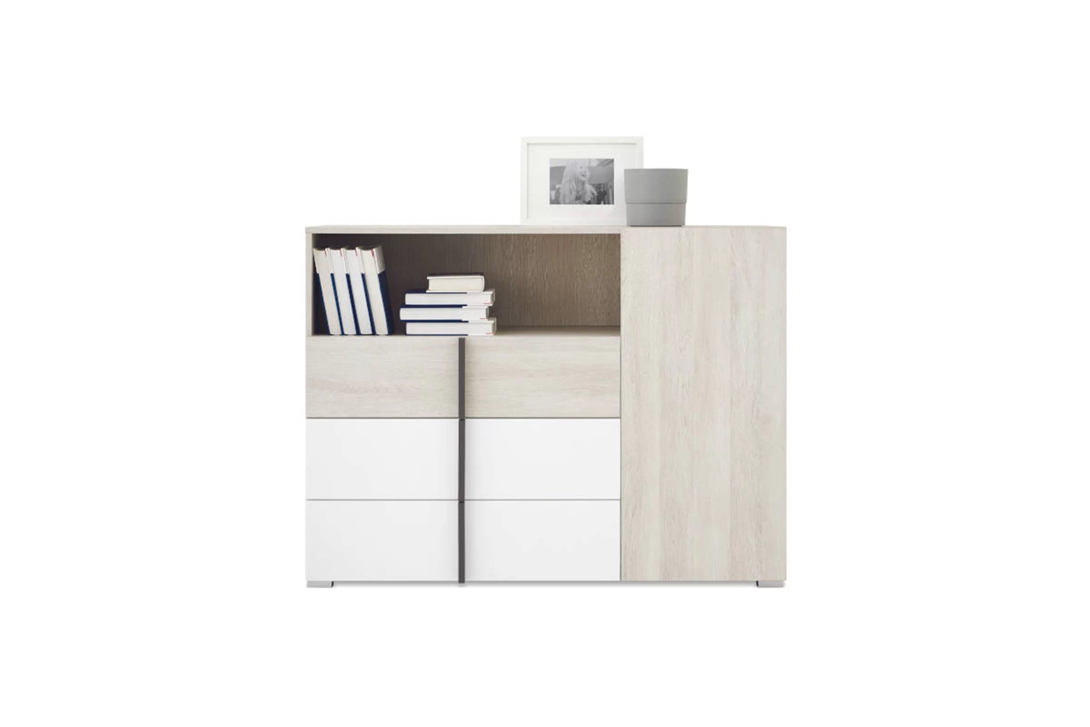 Studentská komoda Lumo 9 120 cm se zásuvkami - dub wilton bílý / bílý lux / antracit Komoda mlodziezowa Lumo 9 120 cm se zásuvkami - dub wilton bílá / bílá lux / antracitová