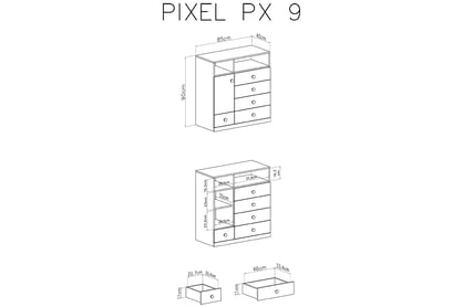 Komoda Pixel 9 - dub piškotový / bílý lux / šedá Komoda mlodziezowa Pixel 9 - dub piškotový/Bílý lux/šedý - schemat