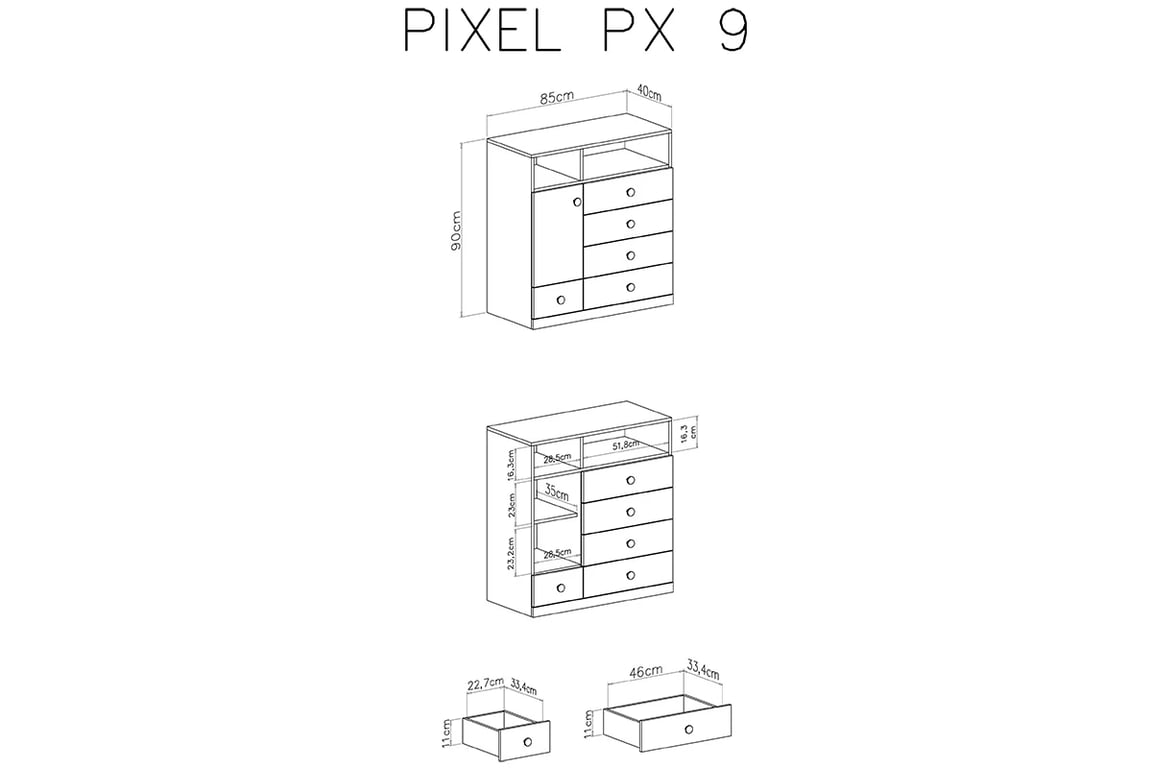 Komoda Pixel 9 - dub piškotový / bílý lux / šedá Komoda mlodziezowa Pixel 9 - dub piškotový/Bílý lux/šedý - schemat