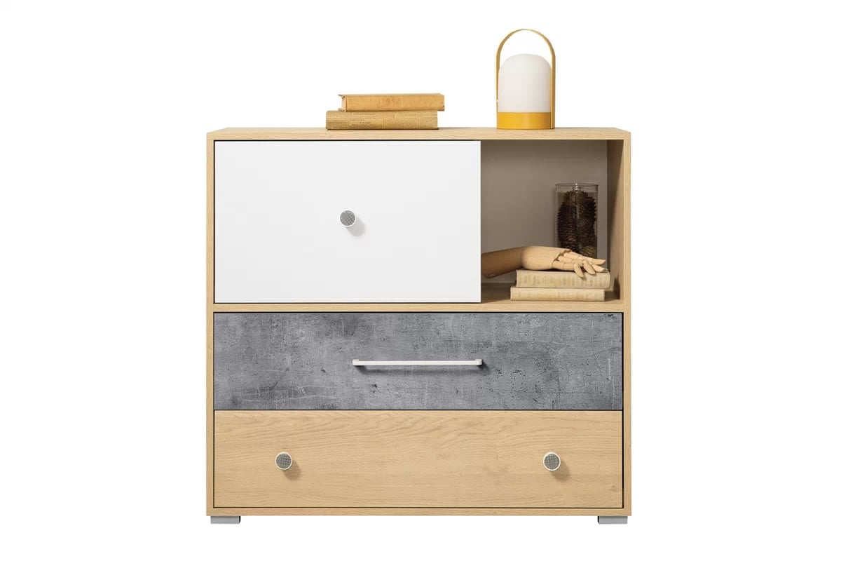 Komoda Step ST6 se zásuvkami 90 cm - dub piškotový / bílá / beton Komoda mlodziezowa Step ST6 90 cm se zásuvkami dub biszkoptowy / bílá lux / beton