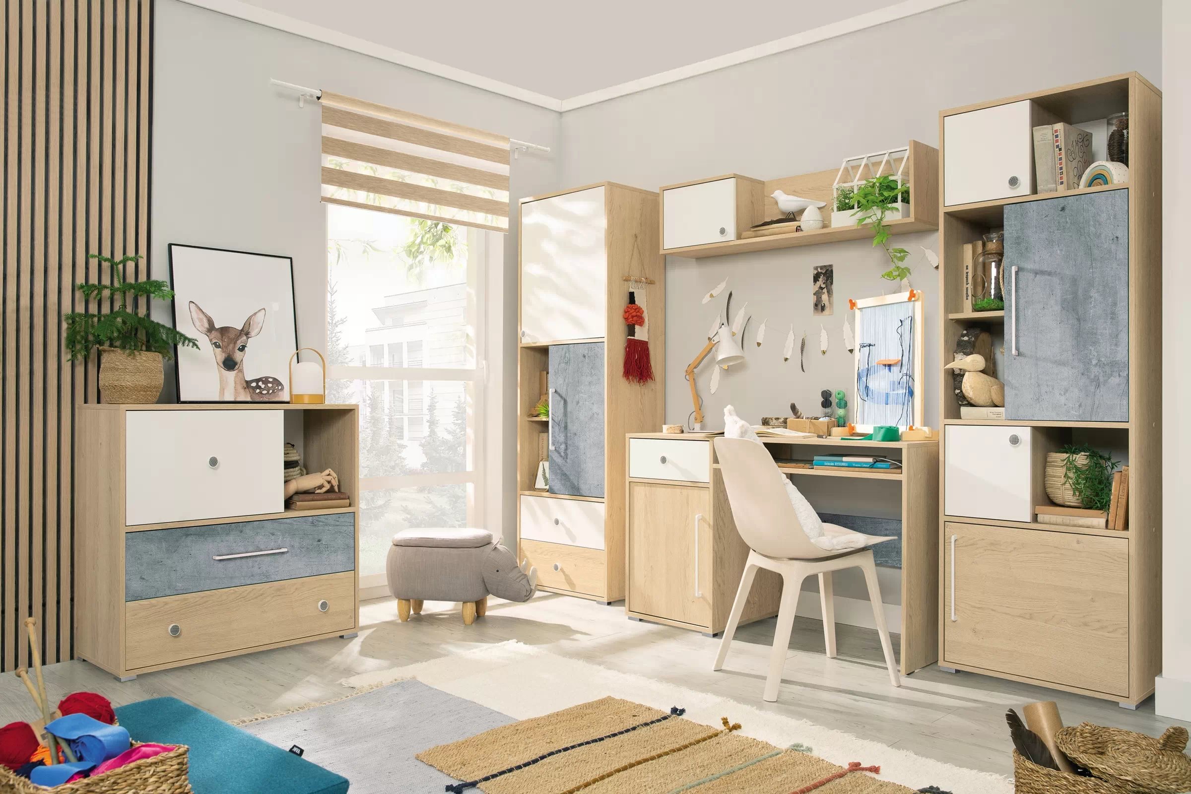 Komoda Step ST6 se zásuvkami 90 cm - dub piškotový / bílá / beton Komoda mlodziezowa Step ST6 90 cm se zásuvkami dub biszkoptowy / bílá lux / beton