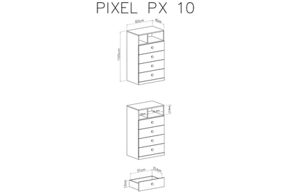 Komoda Pixel 10 se 4 zásuvkami - dub piškotový / bílý lux / šedá Komoda mlodziezowa se čtyřmi zásuvkami Pixel 10 - dub piškotový/Bílý lux/šedý - schemat