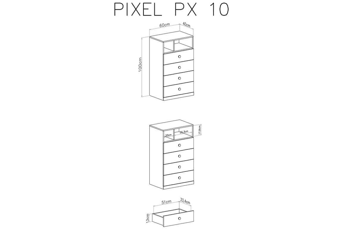 Komoda Pixel 10 se 4 zásuvkami - dub piškotový / bílý lux / šedá Komoda mlodziezowa se čtyřmi zásuvkami Pixel 10 - dub piškotový/Bílý lux/šedý - schemat