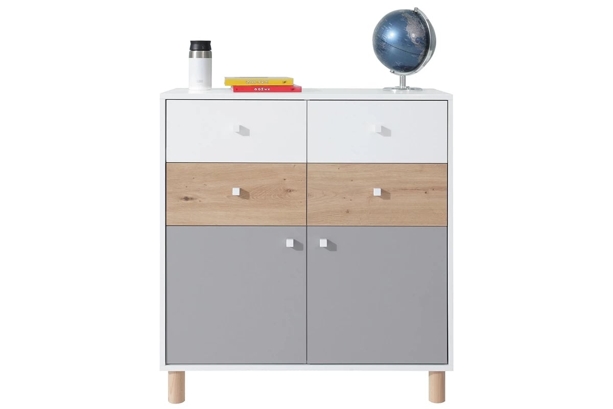 Komoda so štyrmi zásuvkami Faro FR10 - biely lux / dub artisan / šedá - Meblar Dvojdverová mládežnícka komoda so štyrmi zásuvkami
