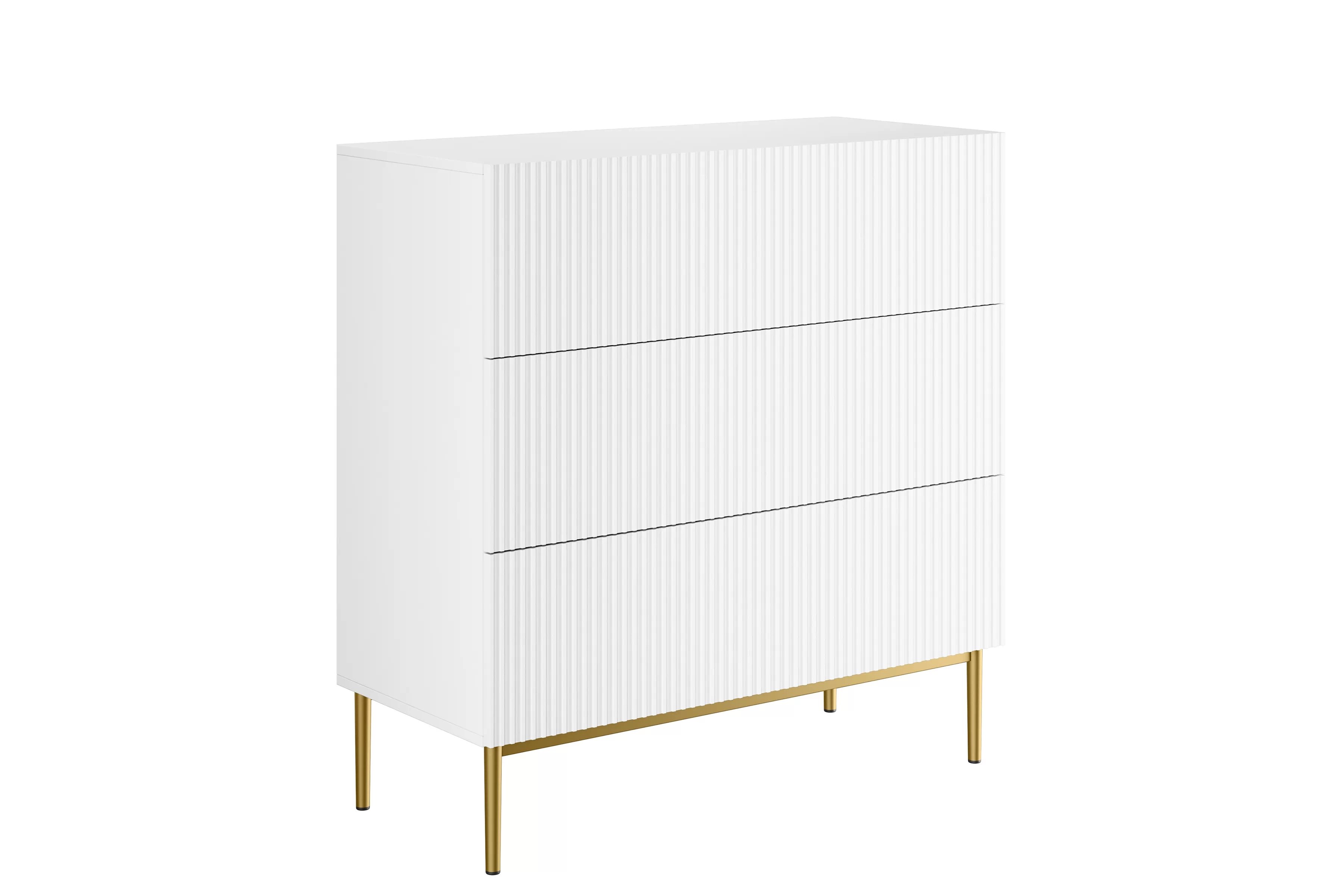 Moderní komoda Nicole 100 cm s zásuvkami a ryhovaným čelem - bílý mat / zlaté nožky Komoda Nicole 100 cm se zásuvkami i ryflowanym frontem - bílý mat / zlote nozki