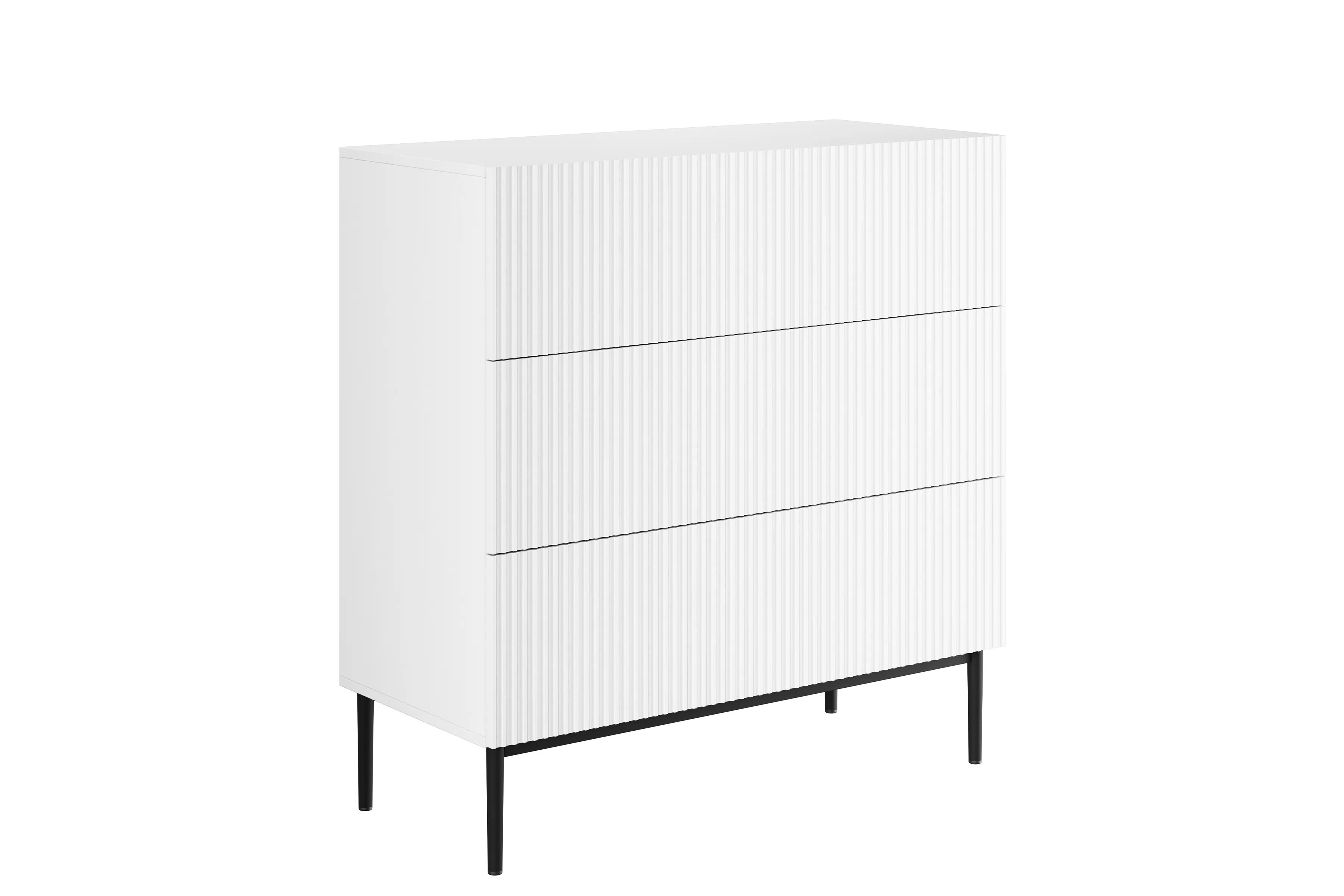 Moderní komoda Nicole 100 cm s žebrovanými zásuvkami - bílý mat / černé nohy Komoda Nicole 100 cm se zásuvkami s frézovanou přední částí - bílý mat / černá nozki