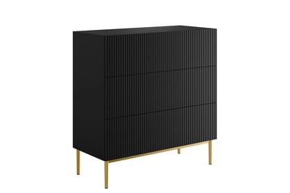 Čierna komoda Nicole 100 cm so šuflíkmi s ryhovaným čelom - matný čierny / zlaté nožičky Komoda Nicole 100 cm so zásuvkami s frézovaným frontom - Čierny mat / zlote nozki
