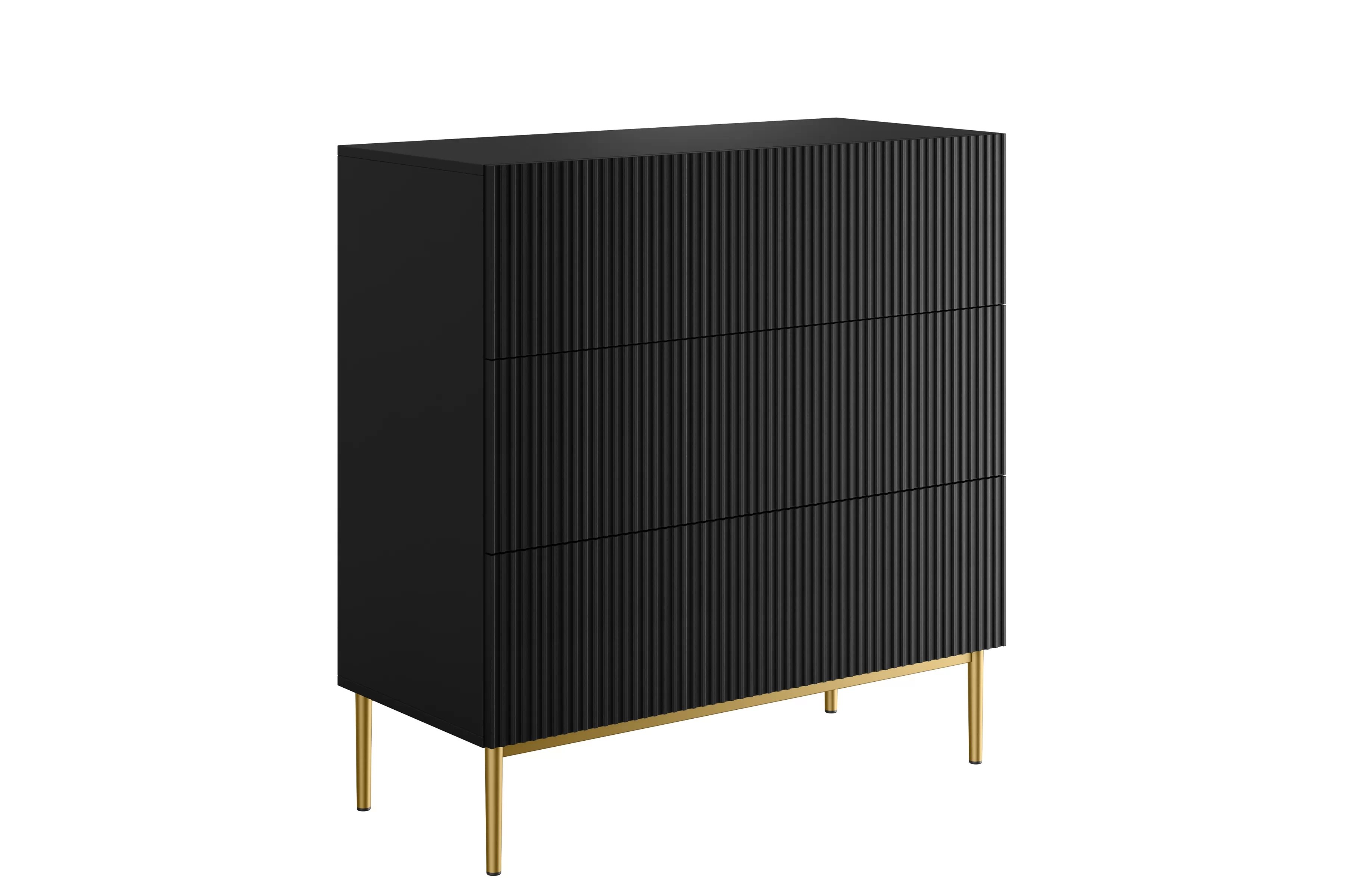 Čierna komoda Nicole 100 cm so šuflíkmi s ryhovaným čelom - matný čierny / zlaté nožičky Komoda Nicole 100 cm so zásuvkami s frézovaným frontom - Čierny mat / zlote nozki