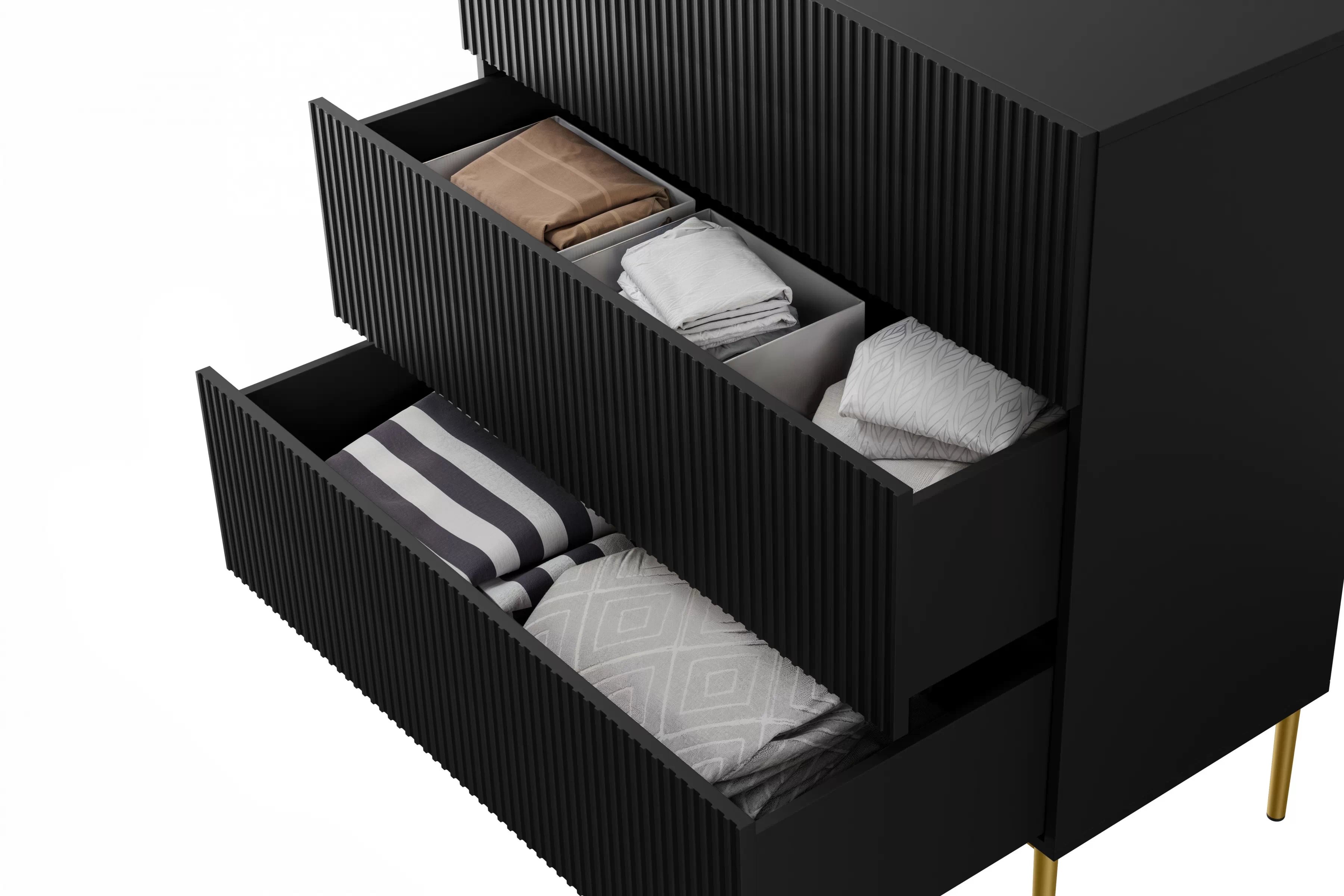 Komoda Nicole 100 cm se zásuvkami - černý mat / zlaté nožky Komoda Nicole 100 cm se třemi  zásuvkami i metalowymi nogami - černá mat / zlote nozki