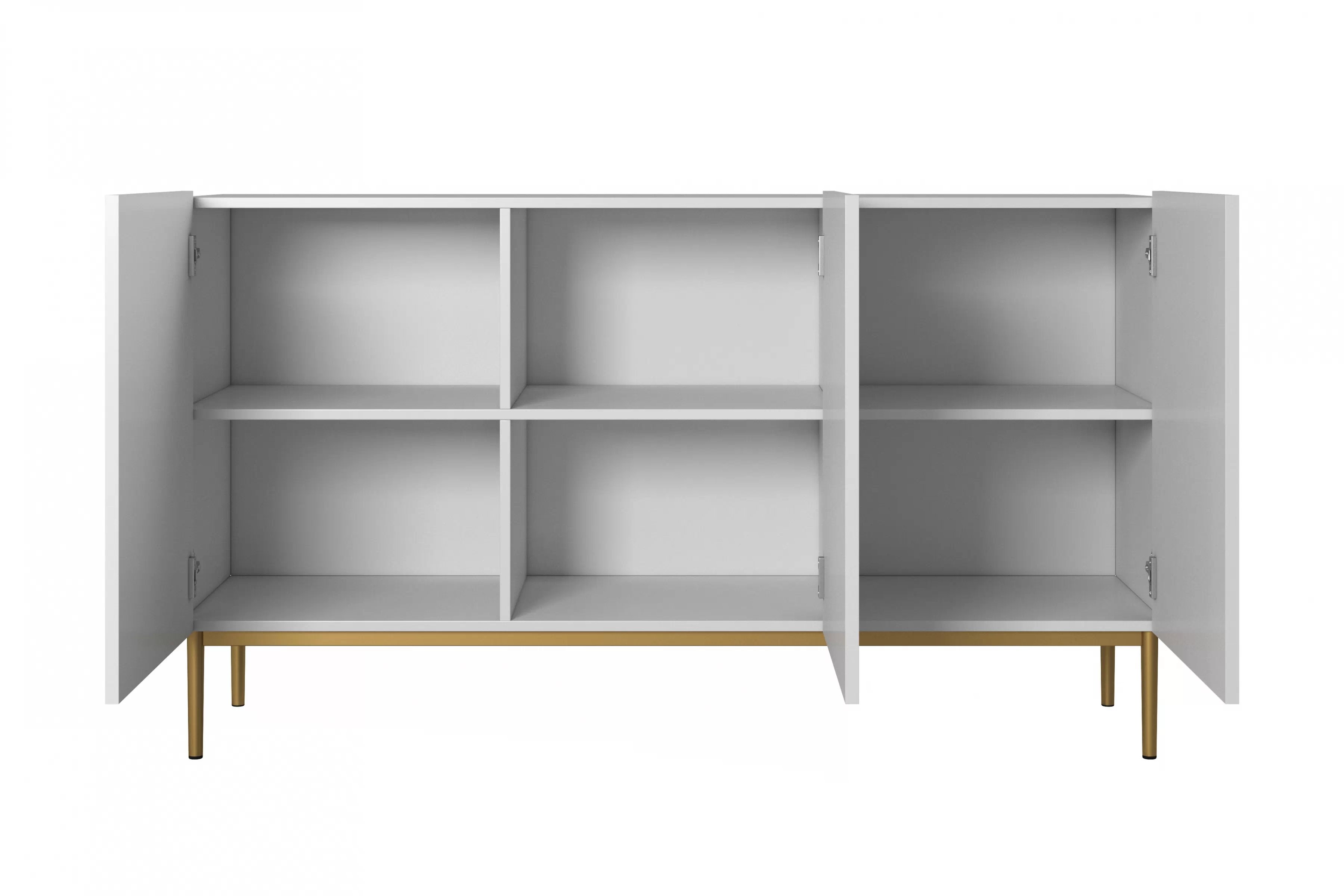 Komoda Nicole 150 cm - biely mat / zlatá Komoda Nicole 150 cm trojdverová s frézovaným frontom - biely mat / zlote nozki