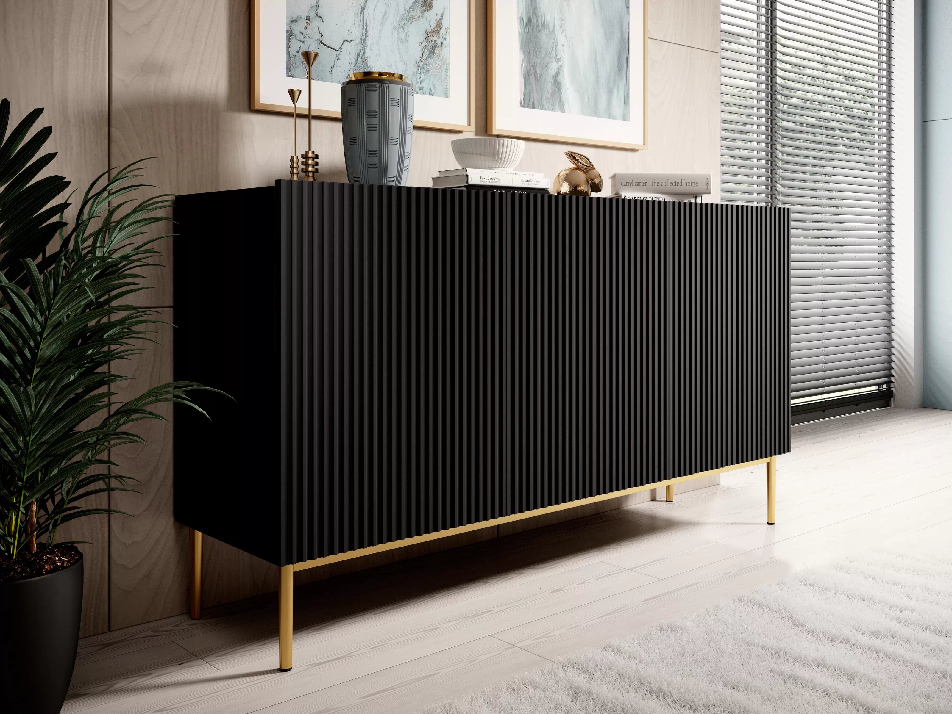 Moderní komoda Nicole 150 cm třídveřová s ryhovaným čelem - černá matná / zlaté nohy Komoda Nicole 150 cm třídveřová s frézovanou přední částí - černá mat / zlote nozki