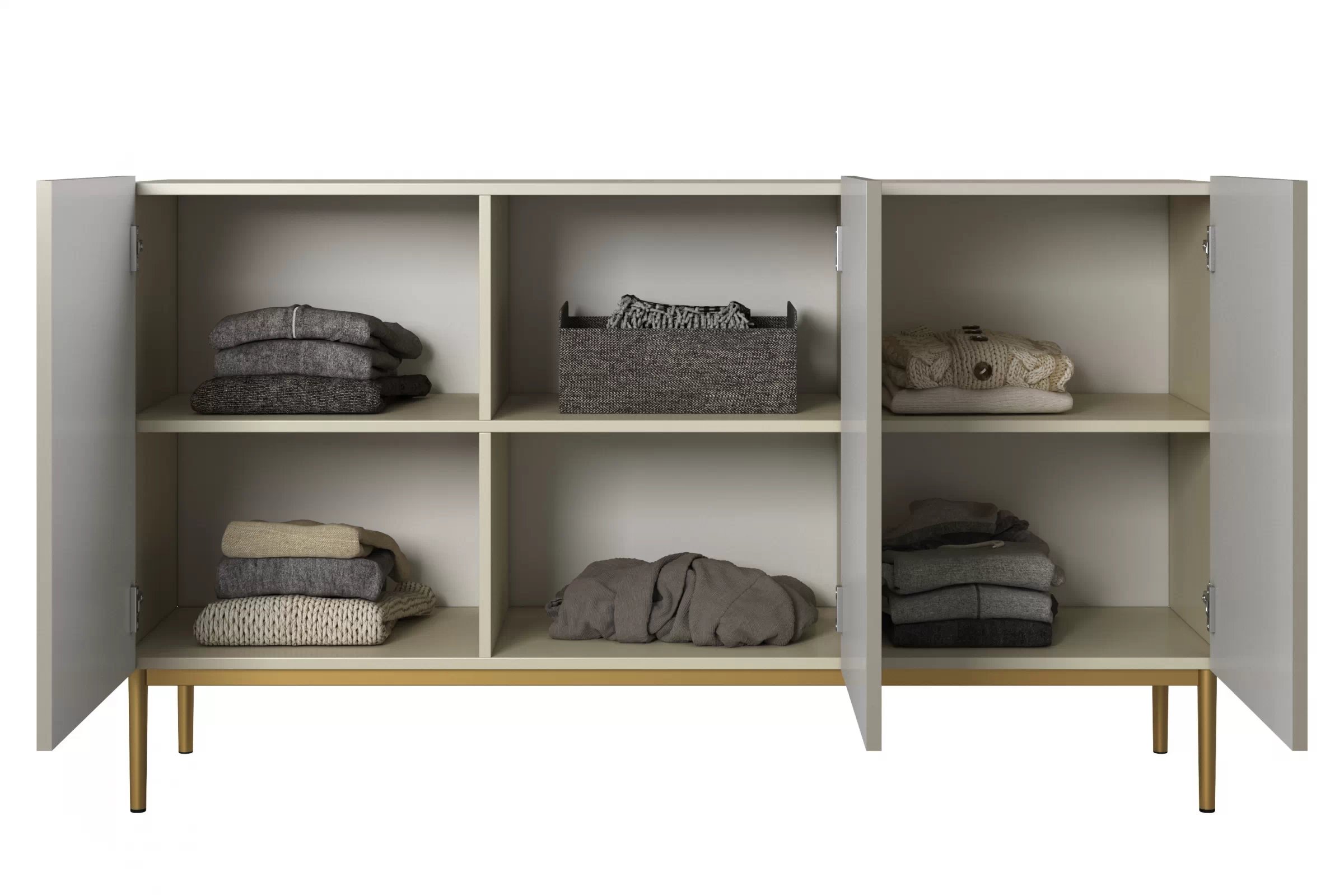 Komoda Nicole 150 cm - kašmírová / zlatá Komoda Nicole 150 cm trojdverová s frézovaným frontom - kašmír / zlote nozki