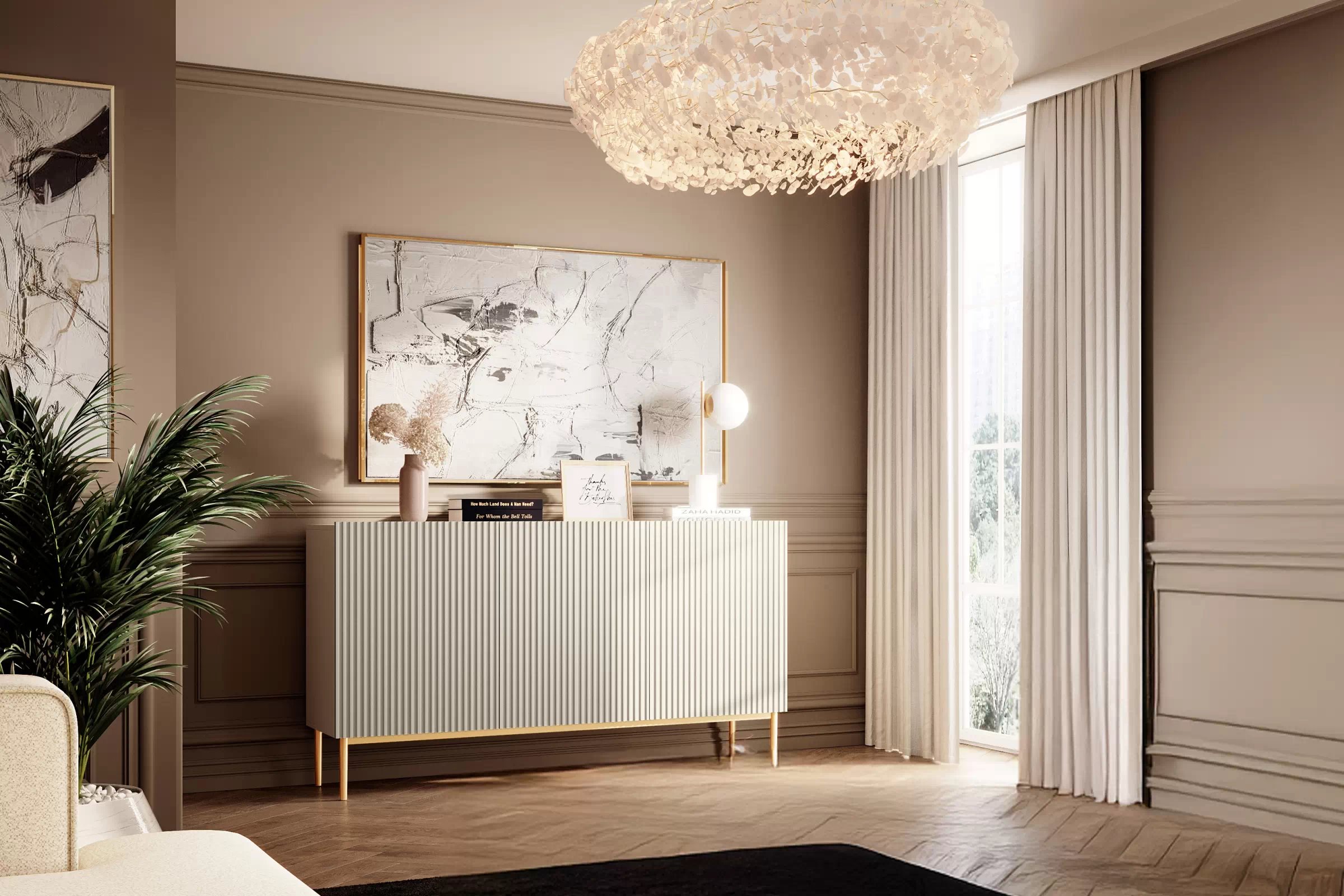 Komoda Nicole 150 cm - kašmírová / zlatá Komoda Nicole 150 cm trojdverová s frézovaným frontom - kašmír / zlote nozki