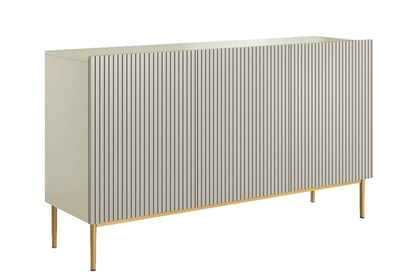 Moderní komoda Nicole 150 cm třídveřová s ryflowaným čelem - kašmír / zlaté nožky