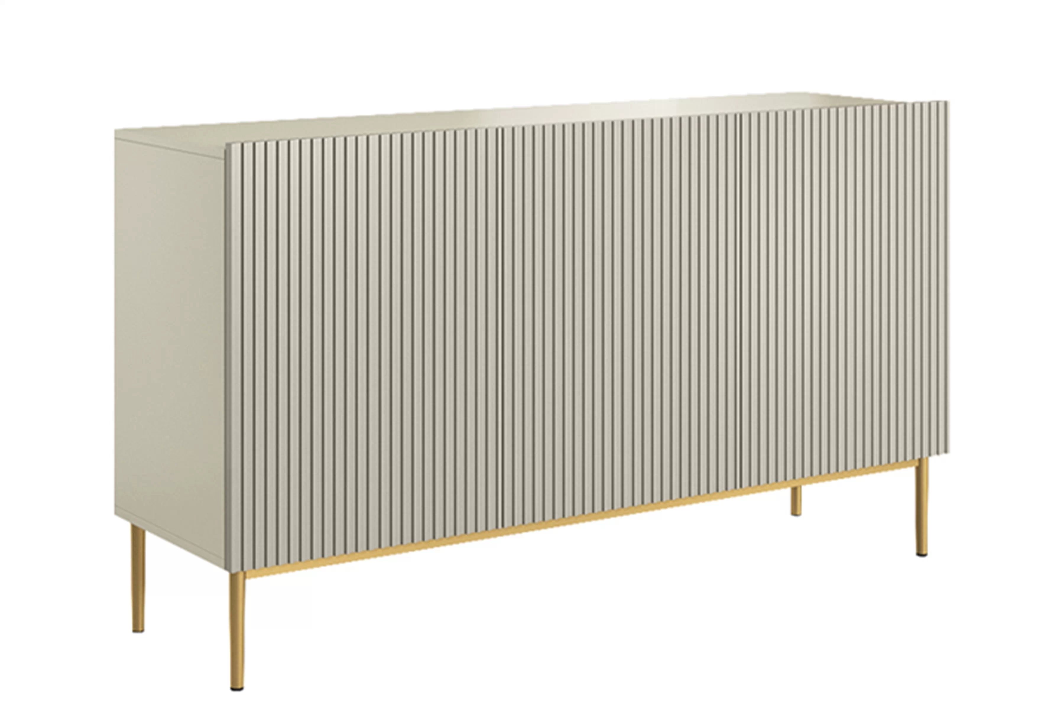 Moderní komoda Nicole 150 cm třídveřová s ryflowaným čelem - kašmír / zlaté nožky Komoda Nicole 150 cm třídveřová s frézovanou přední částí - kašmír / zlote nozki
