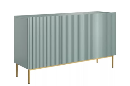 Moderní komoda Nicole 150 cm třídveřová s ryhovaným čelem - šalvějová / zlaté nožky